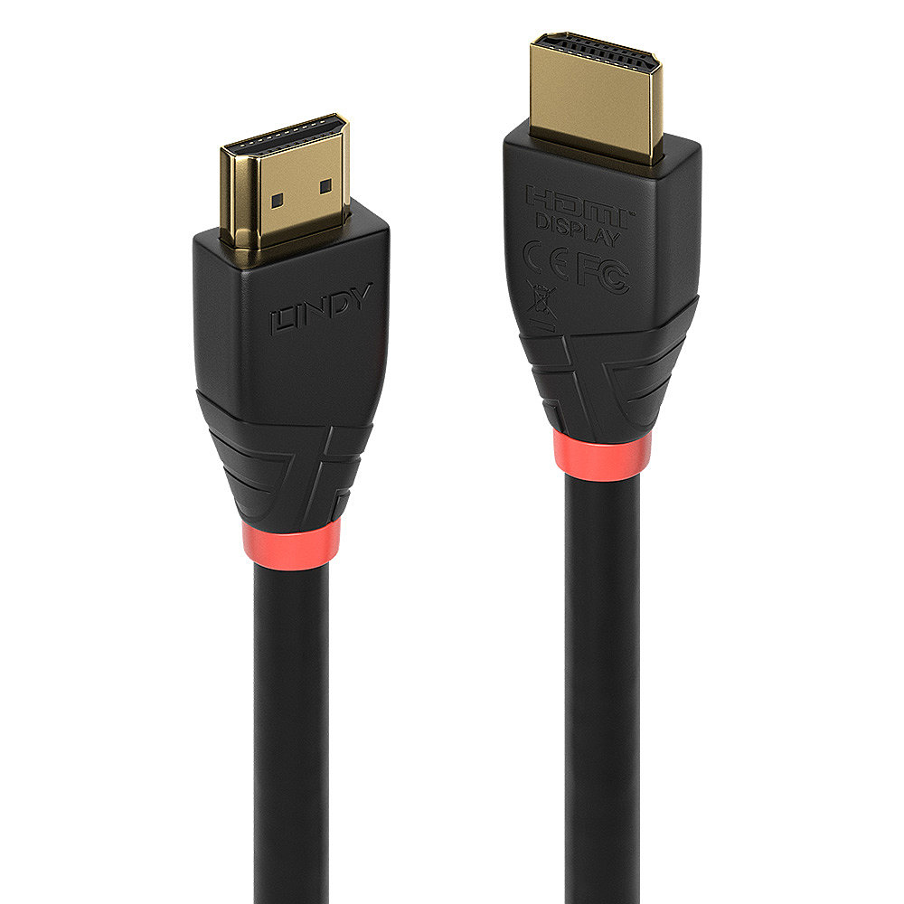 Due cavi HDMI neri con connettori dorati. Un cavo mostra il logo LINDY. Ogni cavo ha una fascia rossa.
