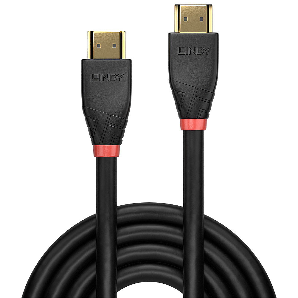 Due cavi HDMI neri con connettori dorati. Ognuno ha una fascia rossa vicino al connettore e il marchio 'LINDY'.