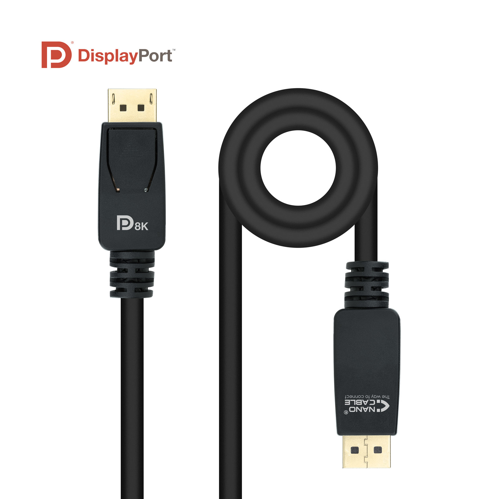 Schwarzes DisplayPort-Kabel mit Steckern an jedem Ende. Das Kabel ist geschlungen. DisplayPort- und Nano Cable-Logos sind sichtbar.