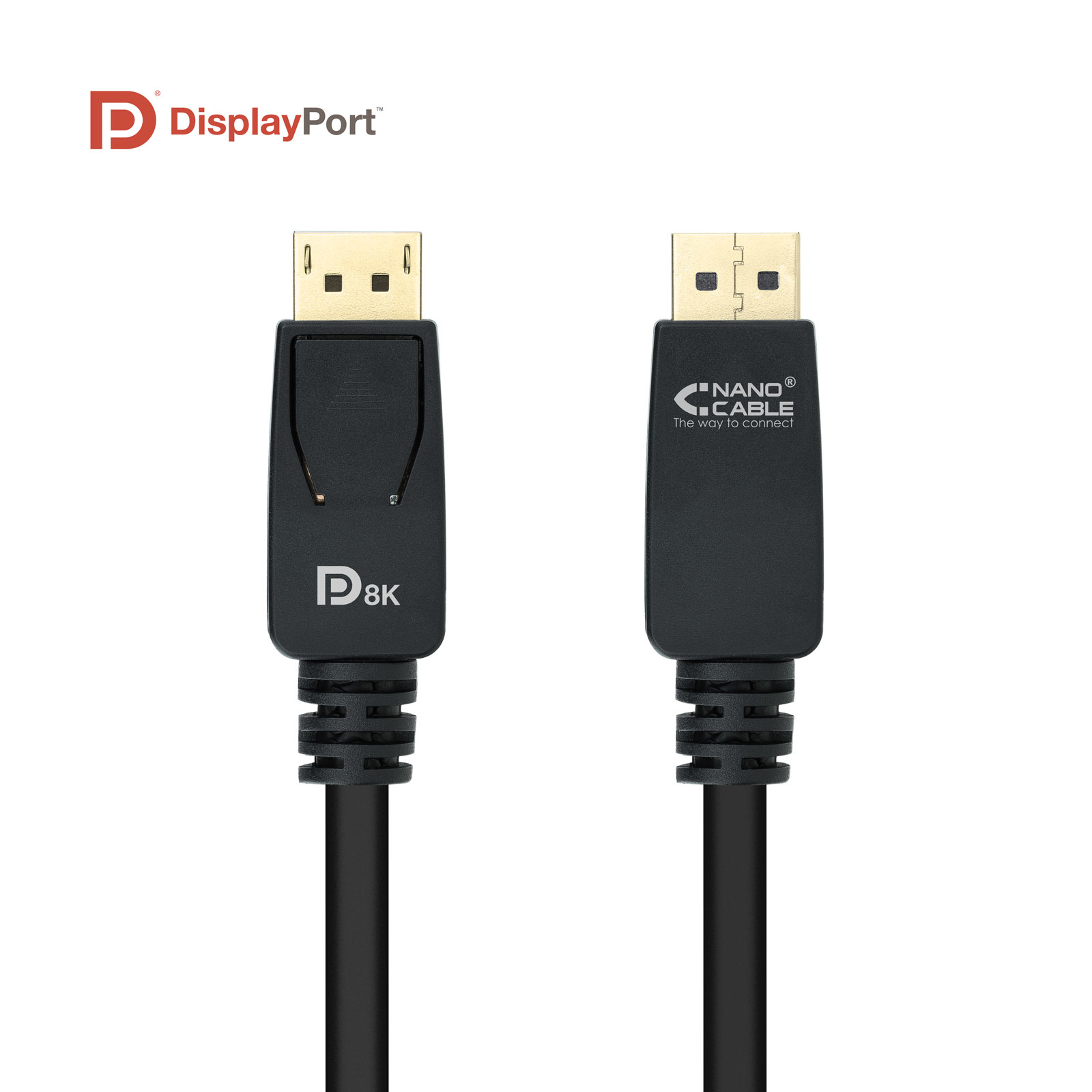 Zwei schwarze DisplayPort-Kabel. Eines hat 'P8K' darauf. Das andere hat ein 'NANO CABLE'-Logo.