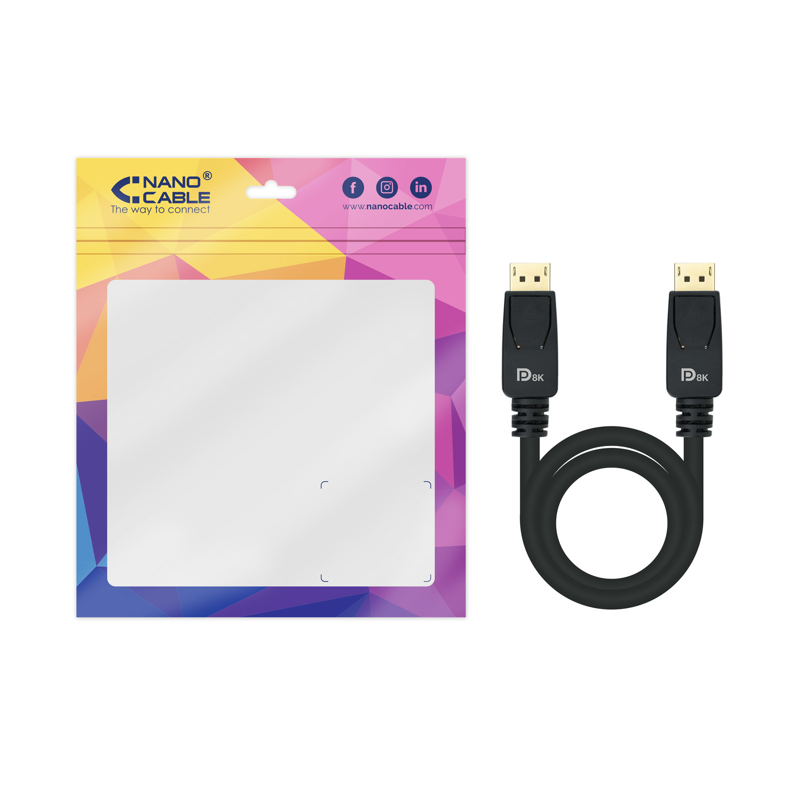 Ein Nano-Kabel DisplayPort-Kabel und eine Verpackung auf weißem Hintergrund.
