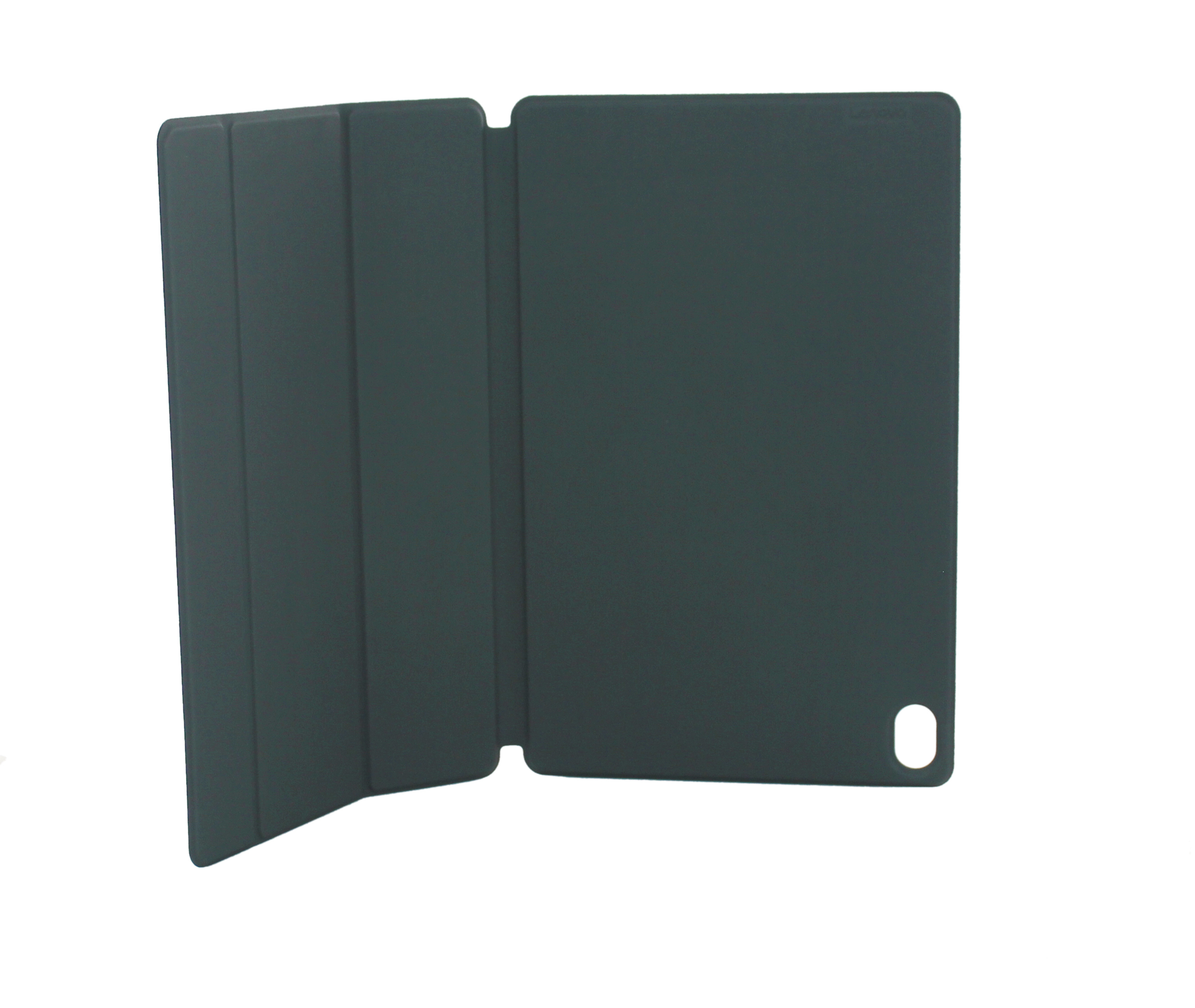 Funda de tableta gris oscuro abierta, que muestra el interior y el exterior. Fondo blanco.