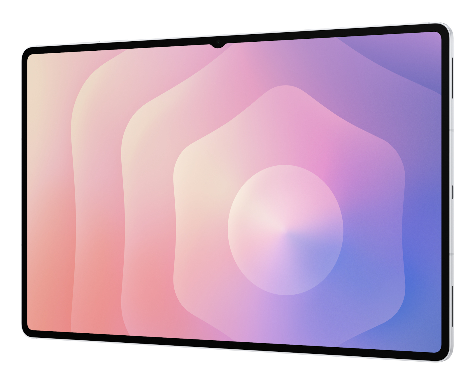 Tablet mit Farbverlauf-Bildschirm mit rosa, lila und weißen Formen. Das Tablet ist silberfarben mit schwarzen Rändern.