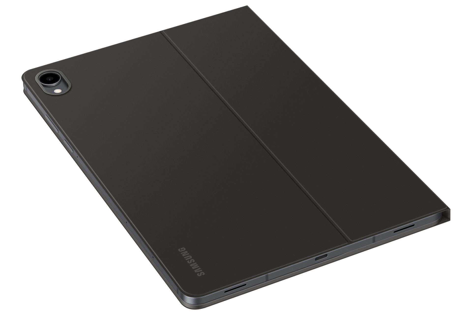 Un tablet Samsung grigio scuro con custodia. La custodia è aperta. Il tablet ha un obiettivo della fotocamera e il logo Samsung.