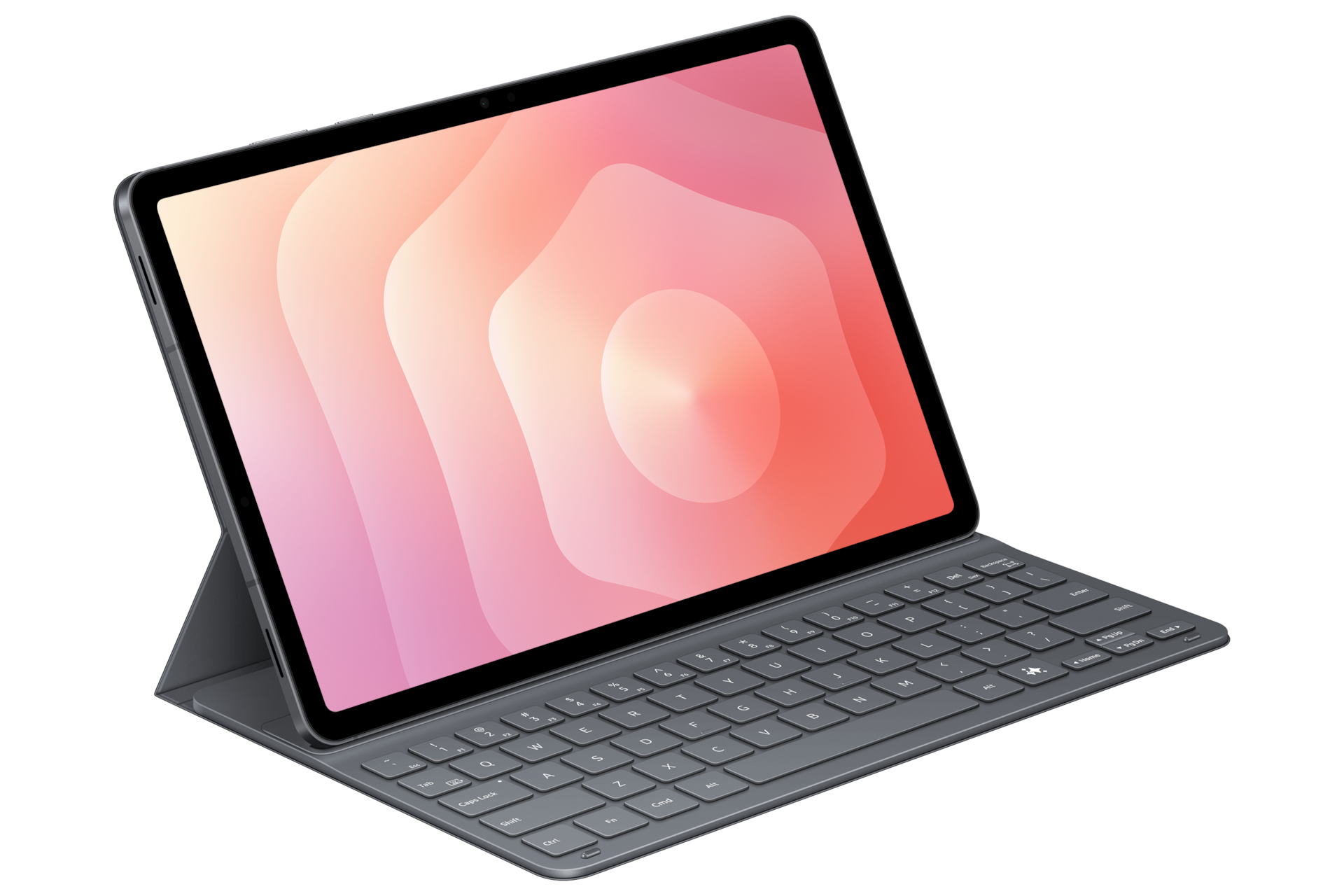 Tablet con tastiera collegata. Lo schermo mostra un design astratto rosa e bianco. La tastiera è grigia, su sfondo bianco.