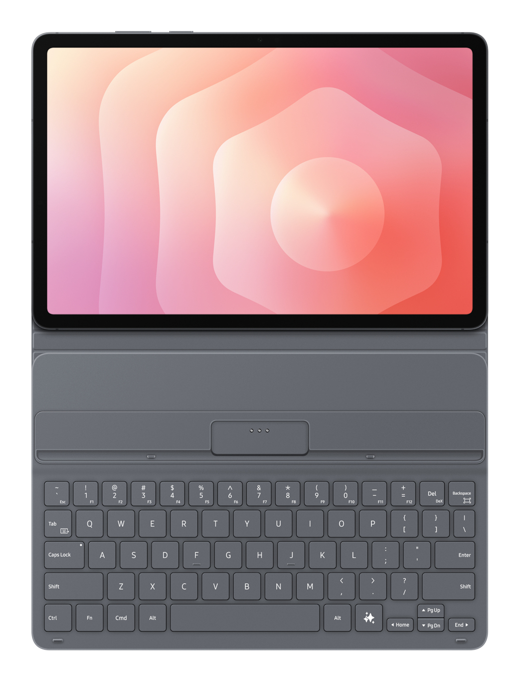 Tablet con tastiera collegata. Lo schermo mostra un design astratto colorato. La tastiera è grigia con tasti bianchi.