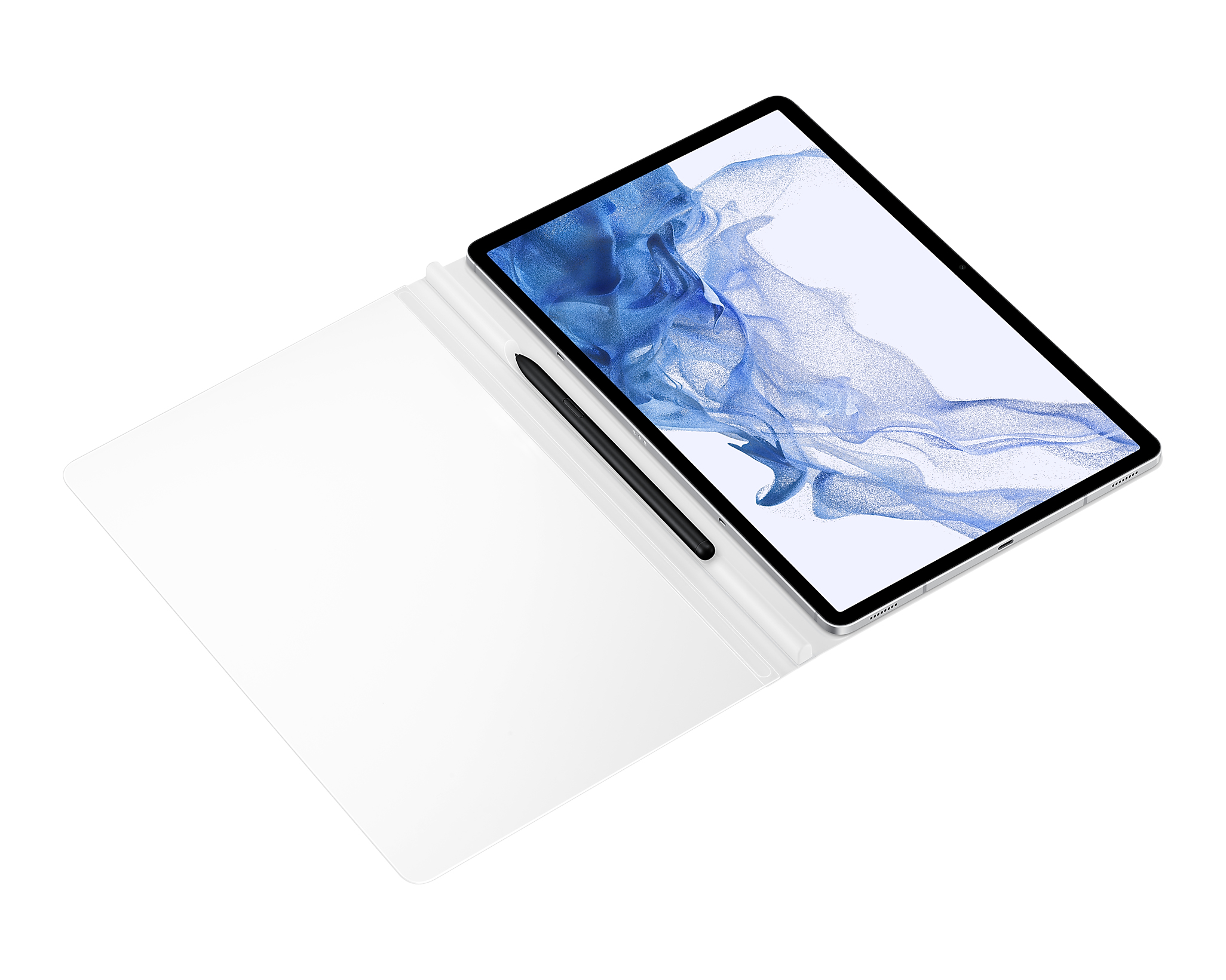 Tablet mit Stift. Der Bildschirm zeigt blaue abstrakte Kunst. Das Tablet befindet sich in einem weißen Etui auf weißem Hintergrund.