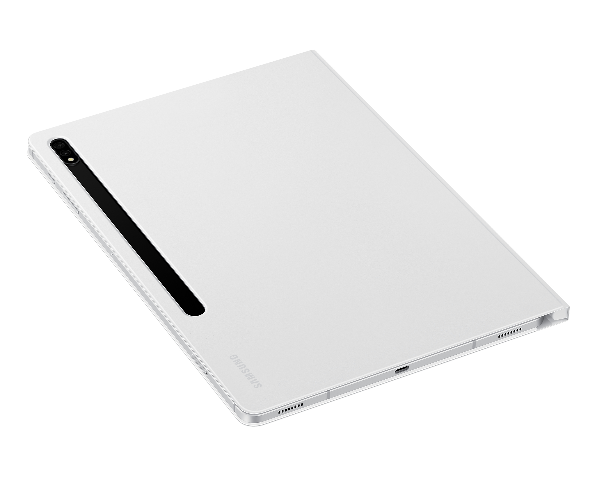 Weißes Samsung-Tablet mit schwarzem Streifen, Kamera und Samsung-Logo. Das Tablet befindet sich auf weißem Hintergrund.