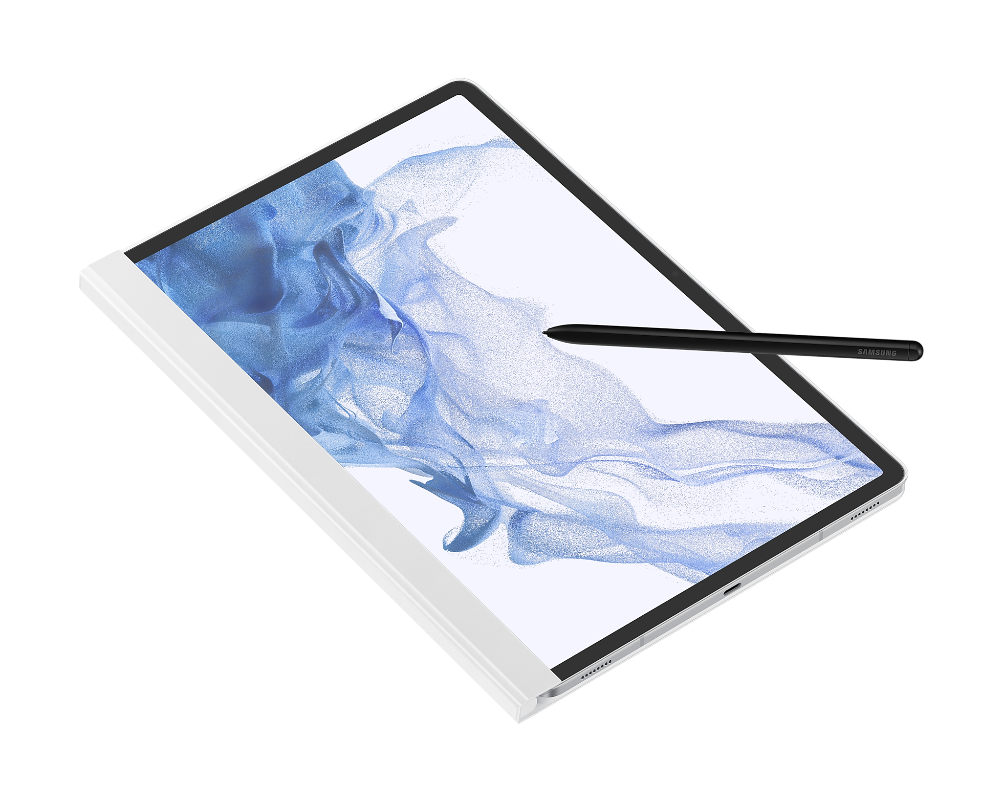 Ein weißes Tablet mit schwarzem Stift liegt auf einer weißen Hülle. Der Bildschirm zeigt ein blaues abstraktes Design. Der Hintergrund ist weiß.