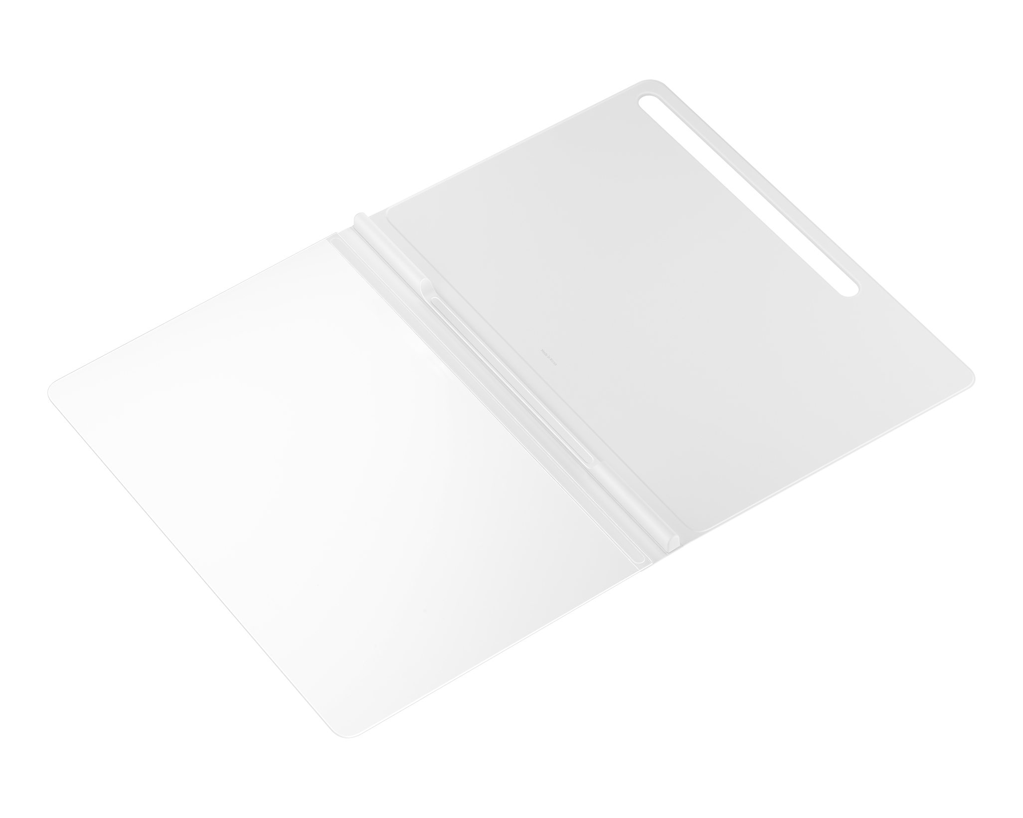 Eine weiße Tablet-Hülle mit offenem Design. Sie hat einen integrierten Stifthalter und eine Schlaufe.