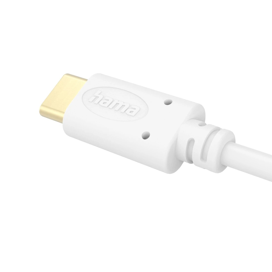Primo piano di un cavo HDMI bianco con connettore dorato. Il cavo ha il logo 'hama'.