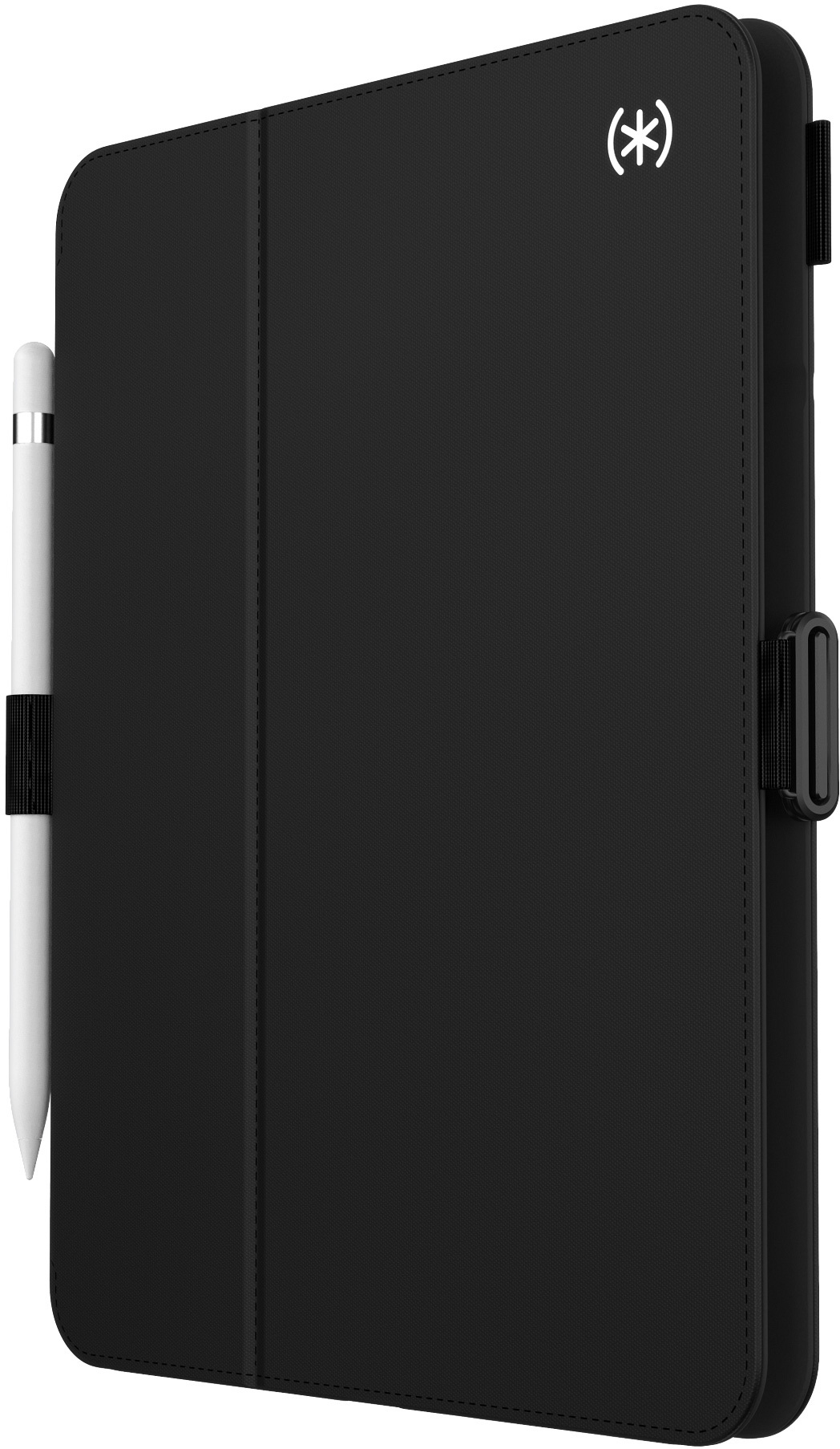 Una custodia nera per tablet con uno stilo bianco a sinistra. La custodia ha il logo (*) nell'angolo in alto a destra.