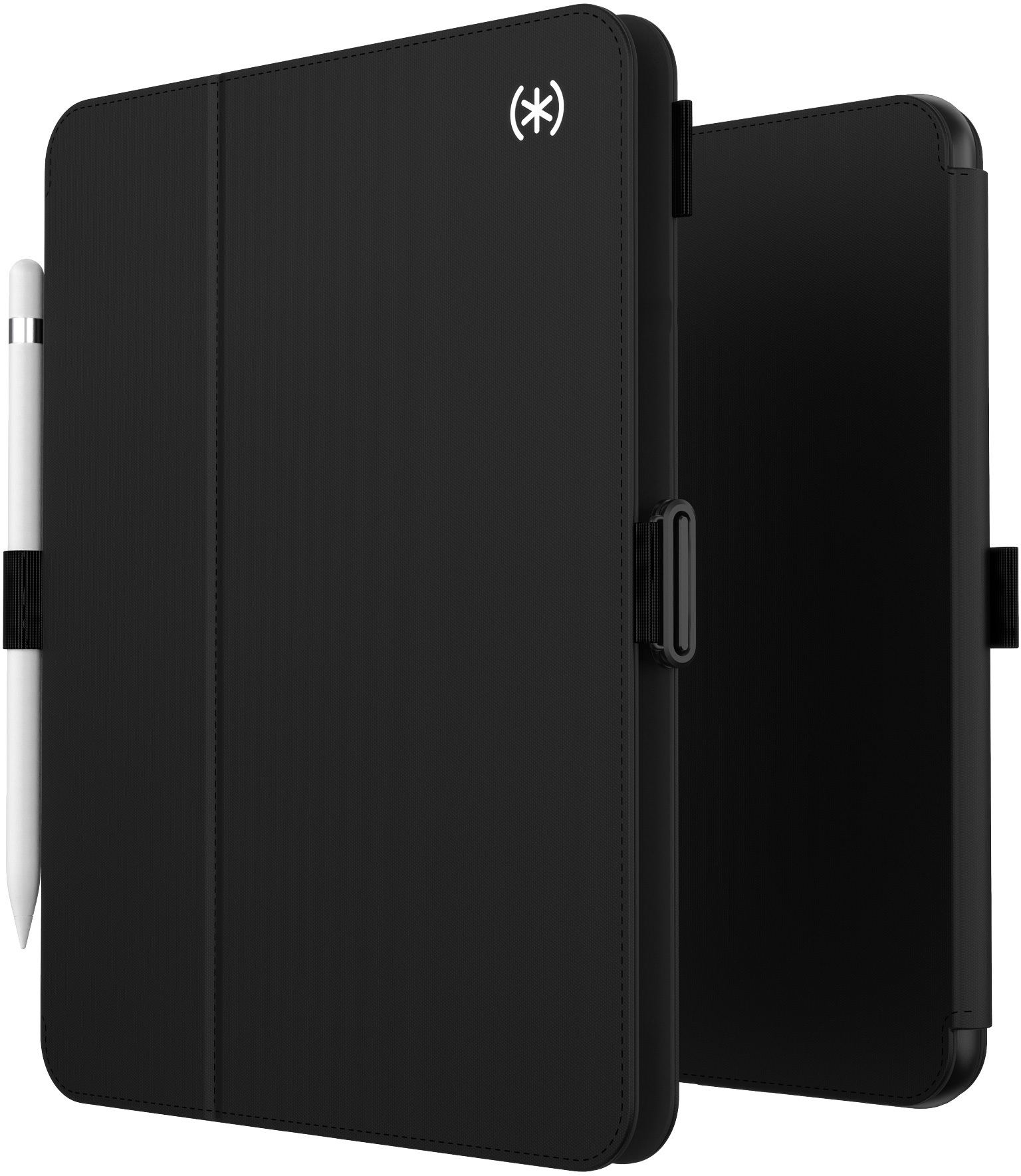 Custodia per tablet nera con stilo bianco sul lato sinistro. La custodia è aperta, mostrando l'interno e il retro.