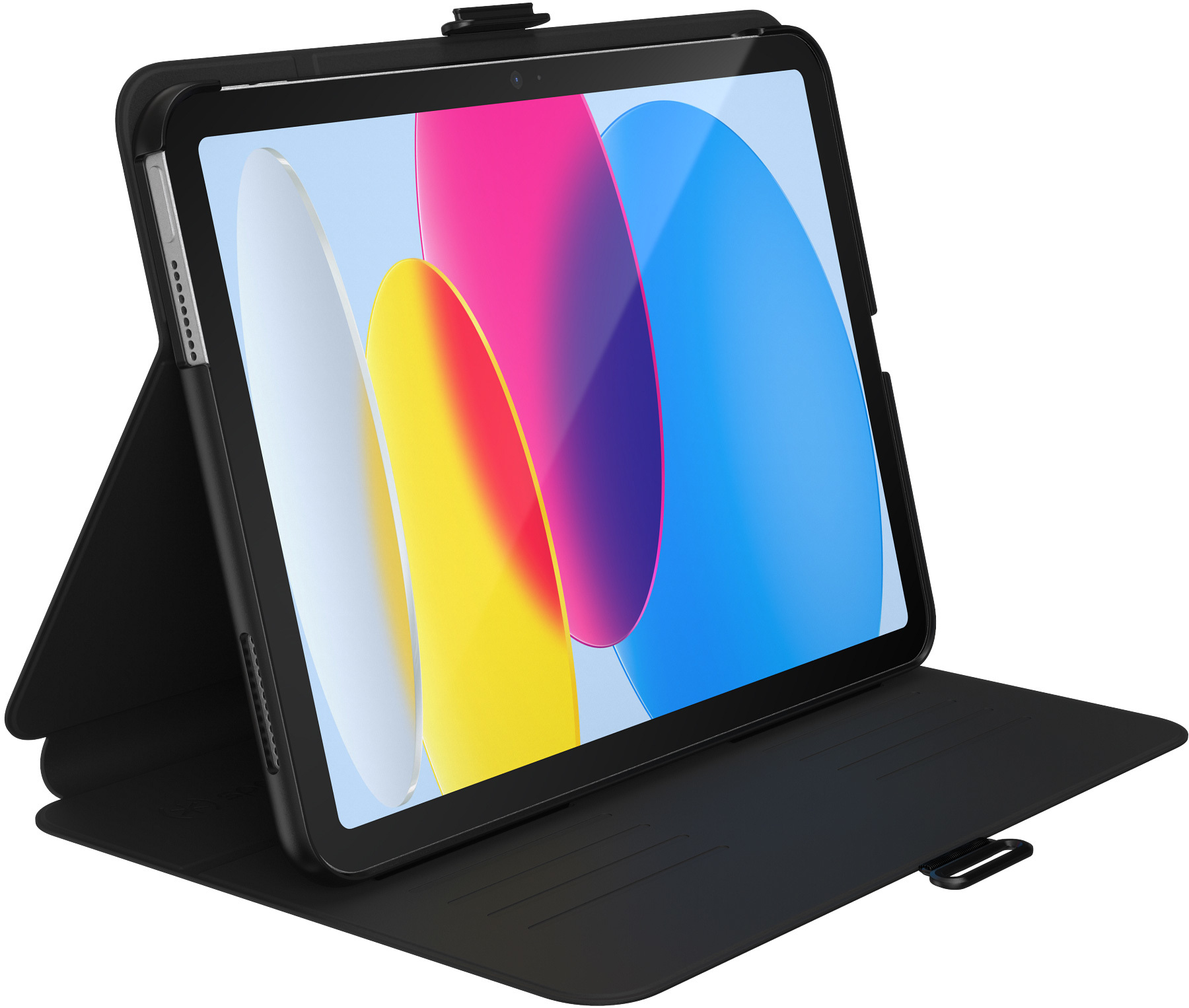 Un iPad in una custodia nera. Lo schermo mostra forme astratte colorate. La custodia è aperta.