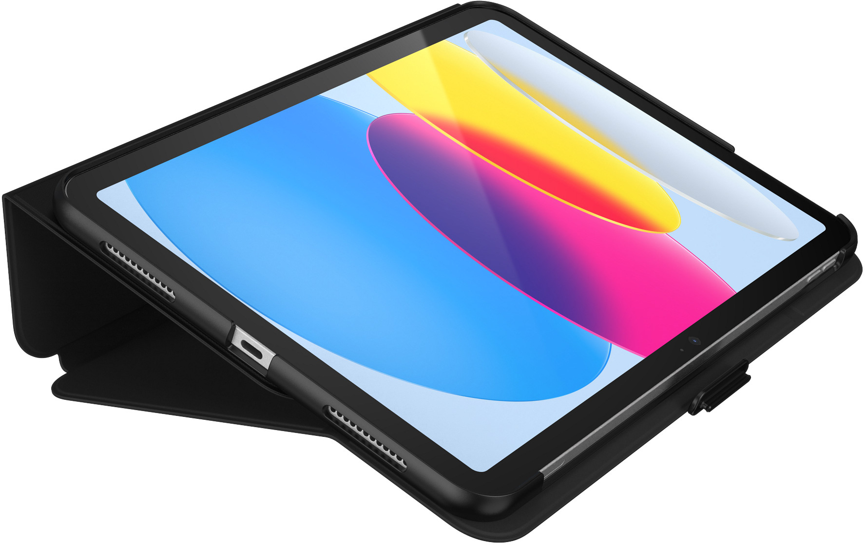 Un tablet con schermo colorato è in una custodia nera, appoggiato. Lo schermo ha forme blu, gialle e rosa. La custodia è angolata.