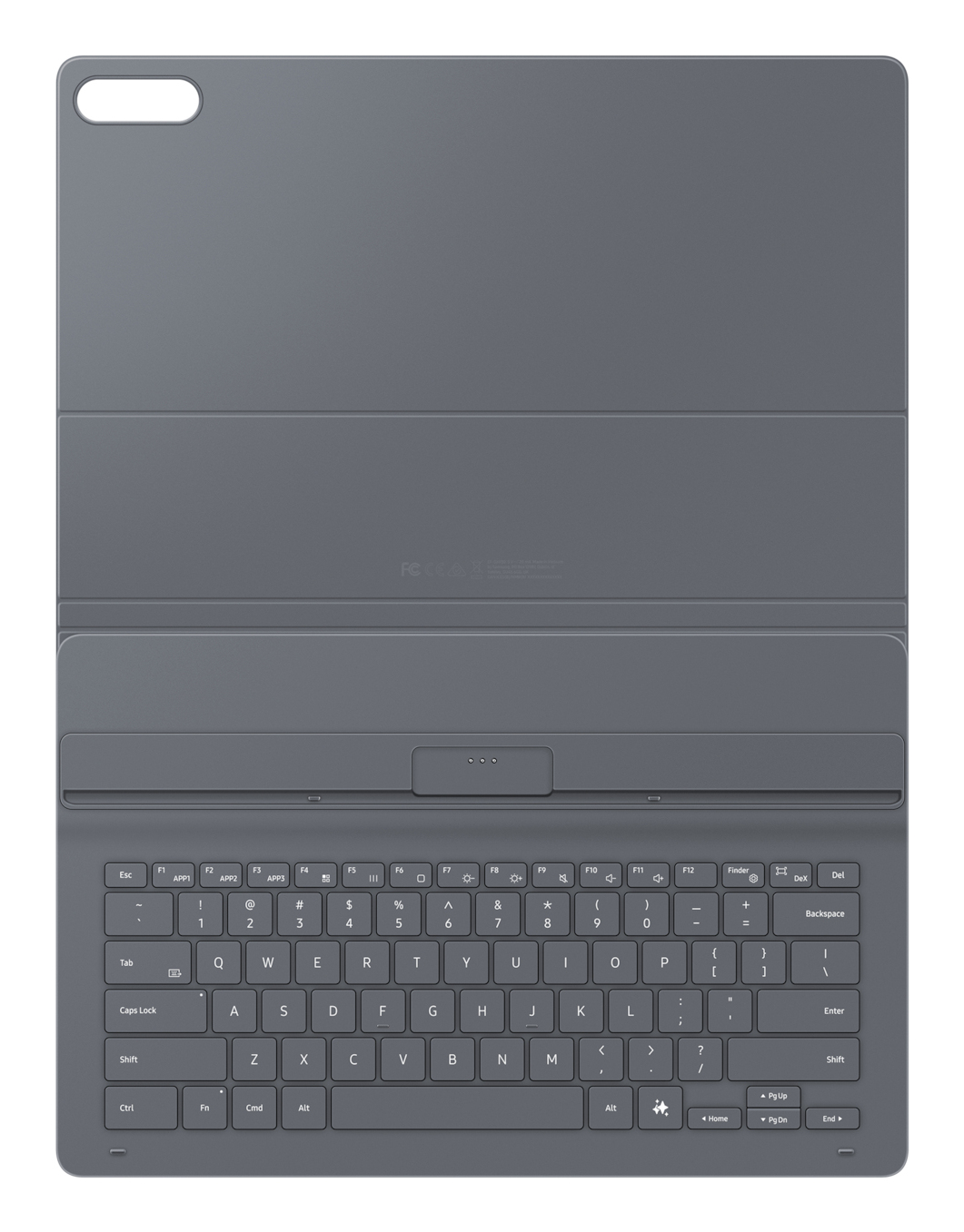 Una funda gris para teclado de tableta, con teclas para escribir. La funda está abierta y el teclado es visible.