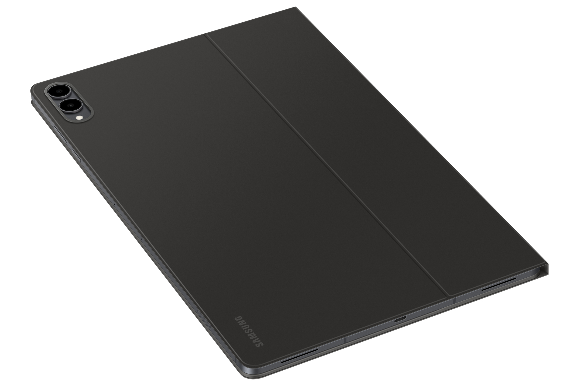 Une tablette gris foncé avec une couverture est affichée en biais. Le logo Samsung est visible. Deux caméras sont visibles.