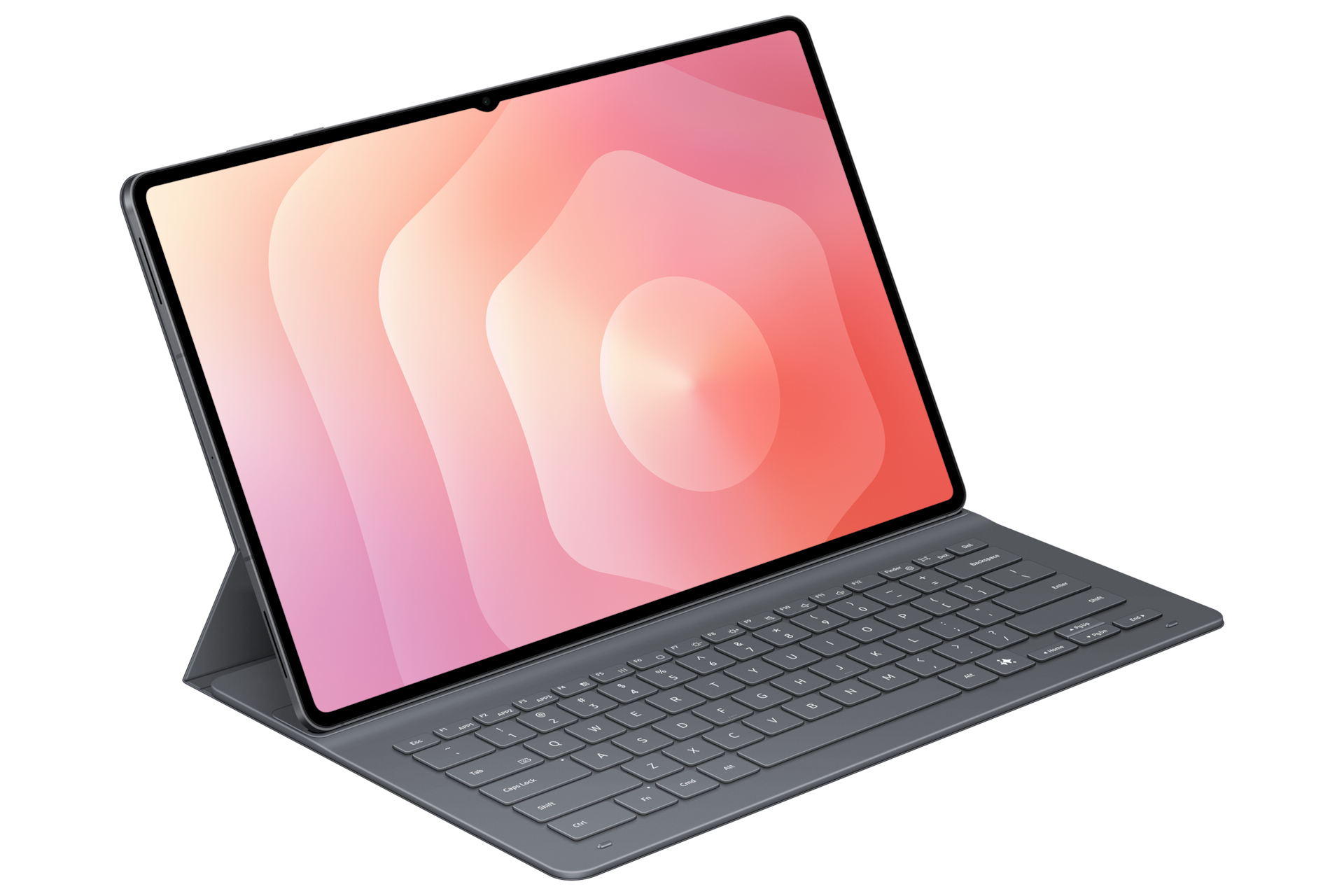 Tablette avec clavier attaché. L'écran affiche un motif abstrait rose et blanc. Le clavier est gris.