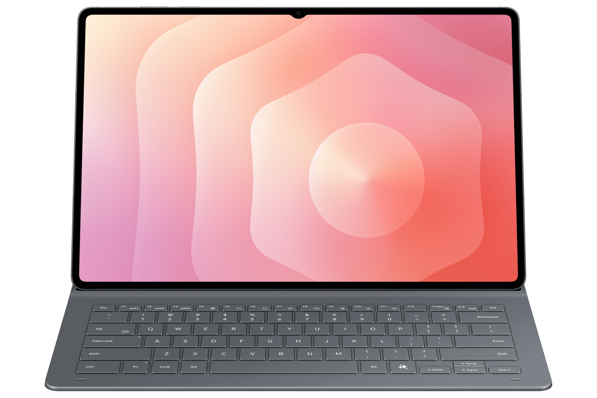 Une tablette avec un clavier détachable. L'écran affiche un design abstrait coloré. Le clavier est gris avec des touches blanches.