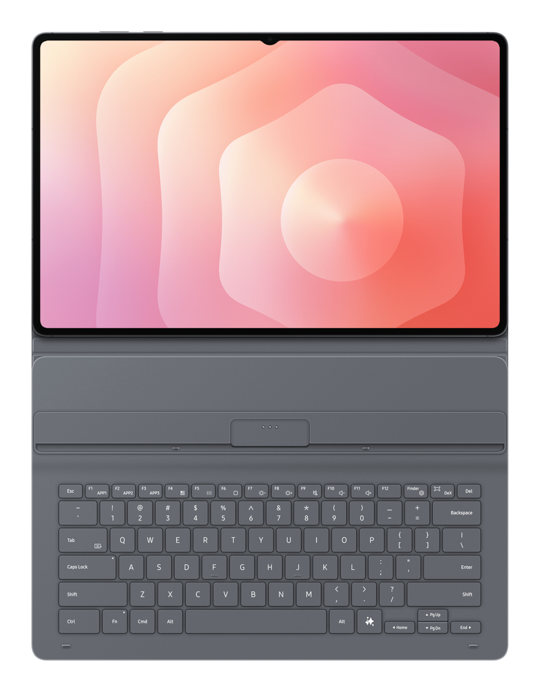 Tablette avec clavier attaché. L'écran affiche un dégradé de couleurs. Le clavier est gris.