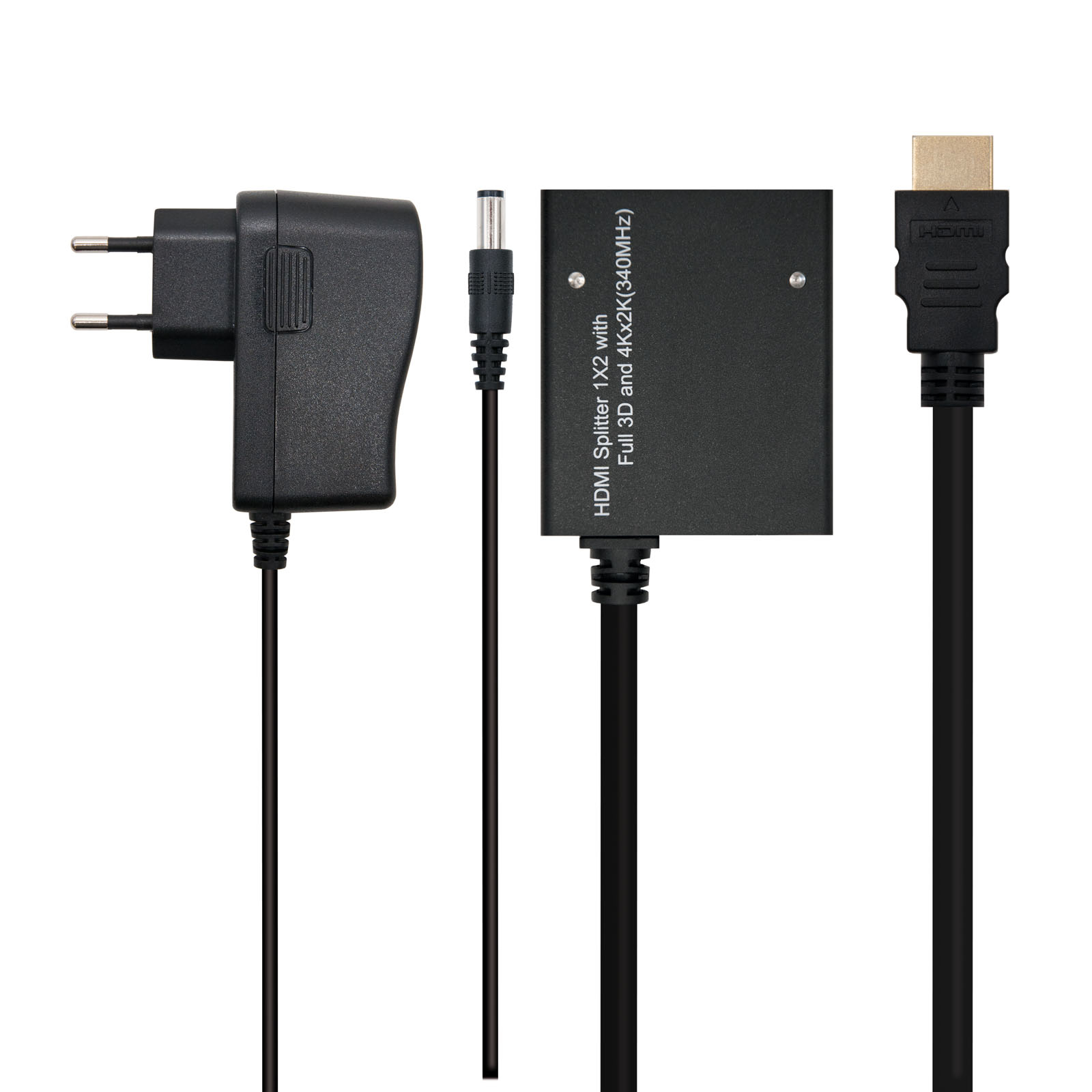 Un divisor HDMI con cables, adaptador de corriente y conector. Colores negro y dorado. Texto en el divisor.