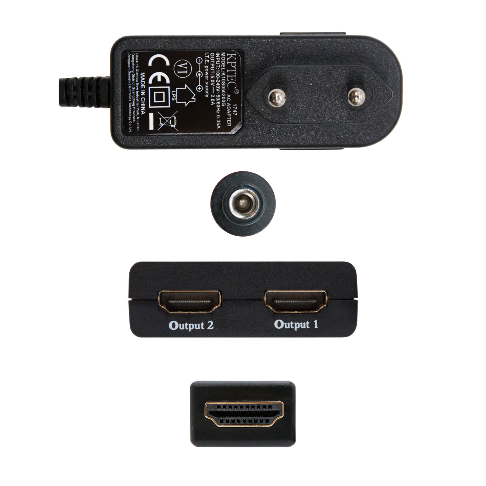 Adaptador de corriente negro, divisor HDMI y conector HDMI sobre fondo blanco.