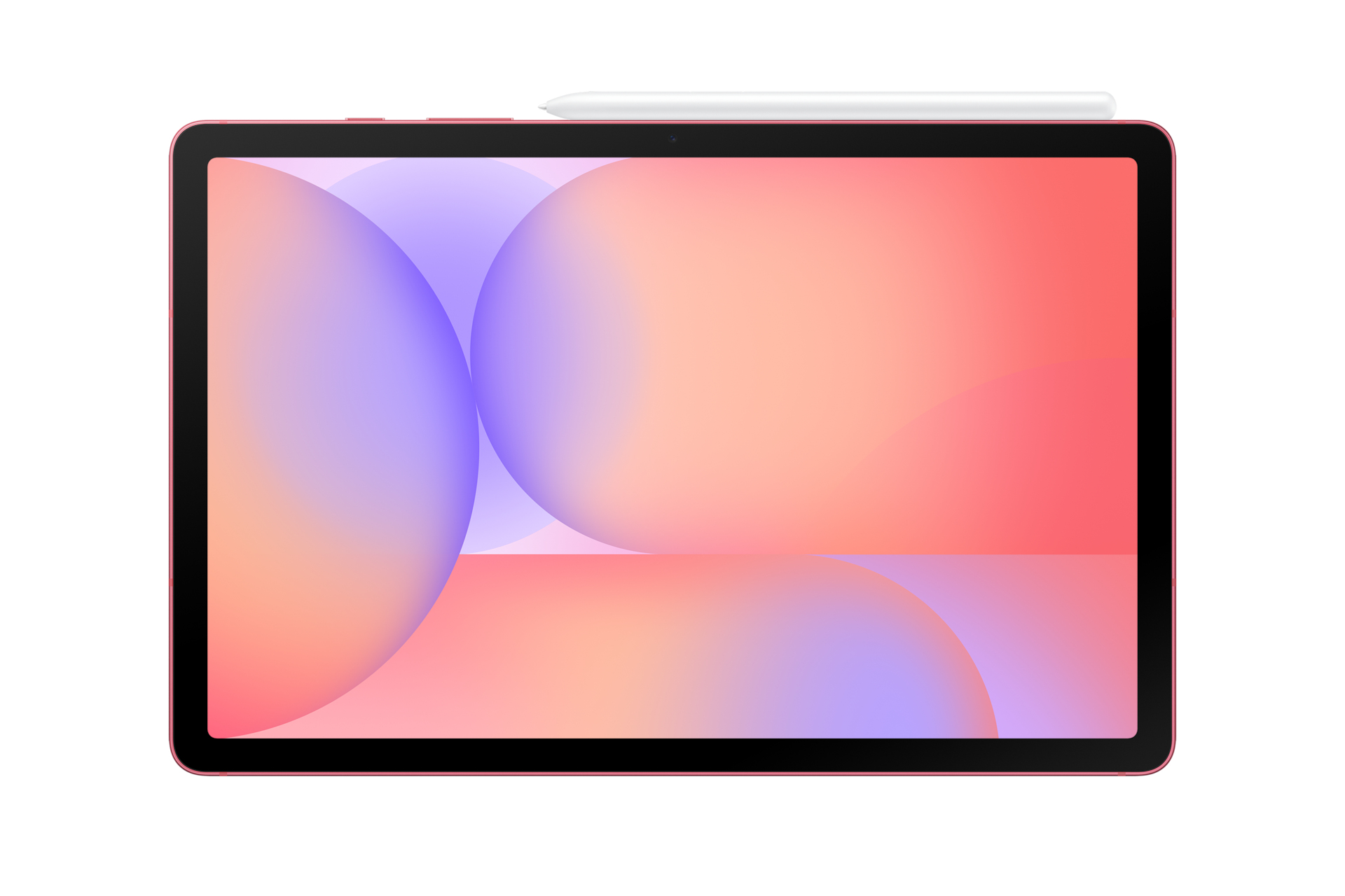 Un tablet con cornice rosa e schermo nero che mostra una sfumatura di colori. Una penna bianca è appoggiata sopra.