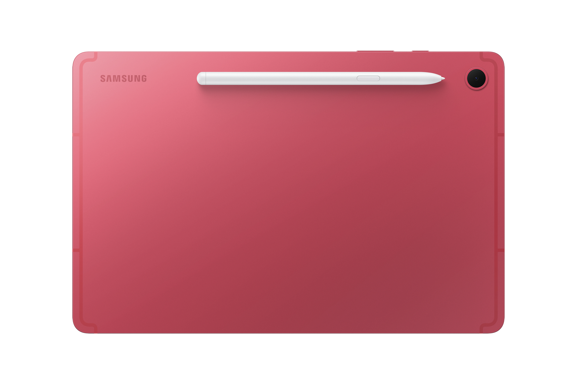 Un tablet rosso con uno stilo bianco sopra. Il logo Samsung è visibile. Obiettivo fotocamera in alto a destra.