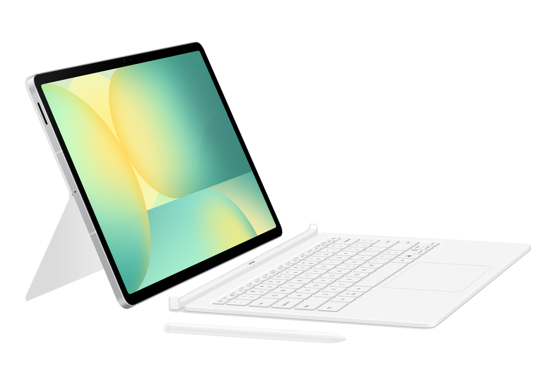 Una tableta blanca con teclado y lápiz. La pantalla de la tableta muestra un degradado verde y amarillo. Todo sobre un fondo blanco.