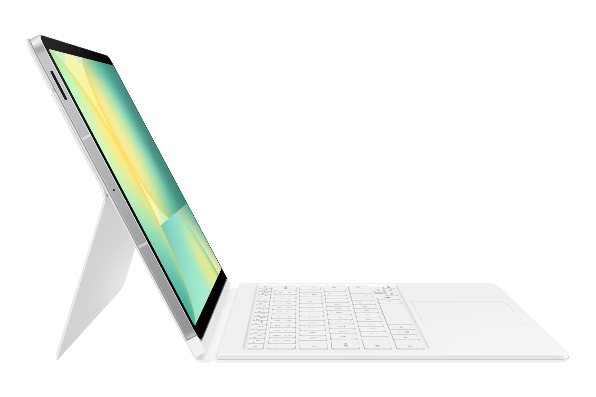 Un portátil blanco está abierto, con la pantalla hacia arriba, sostenido por un soporte. Se ven el teclado y el panel táctil.