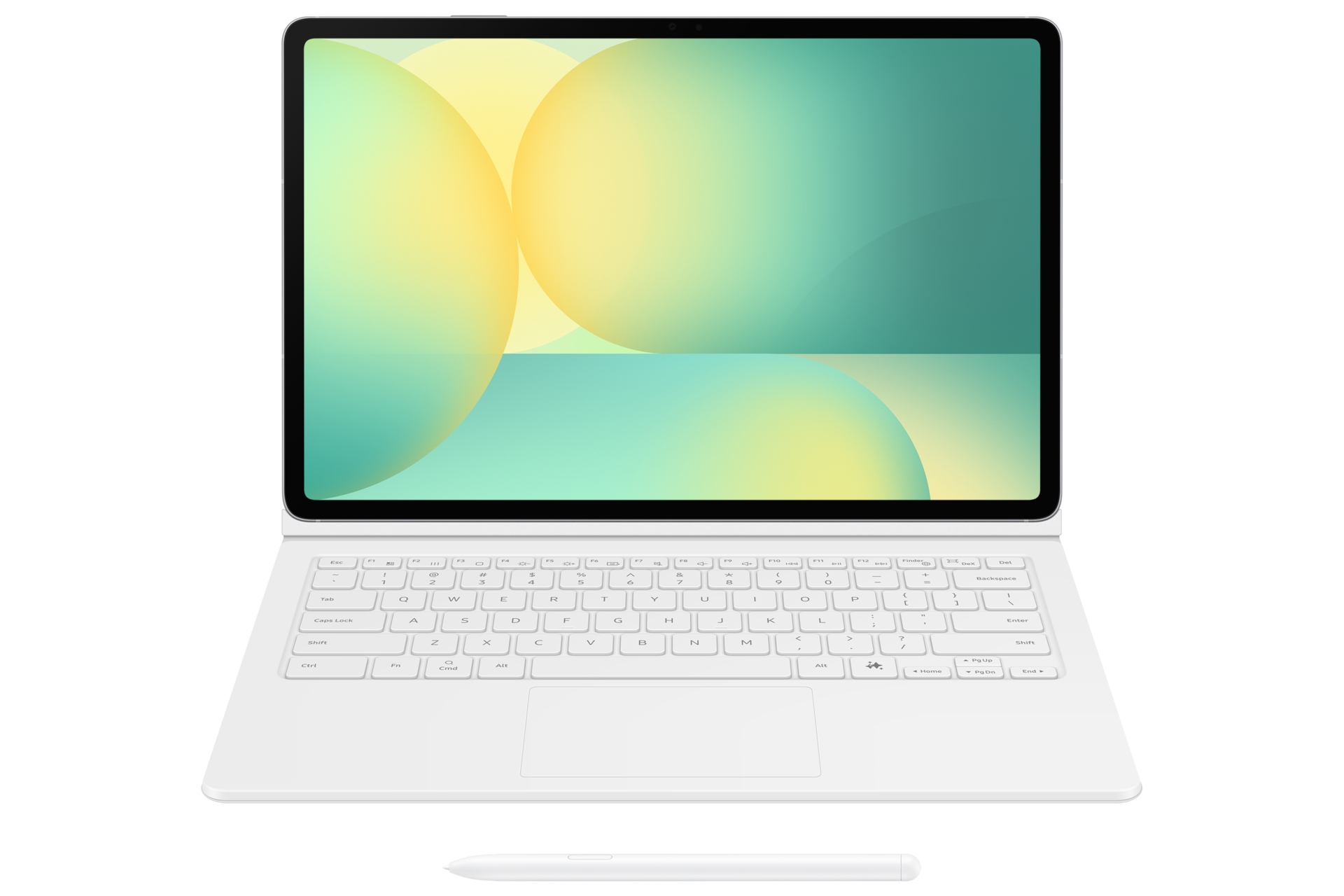 Ordenador portátil blanco con teclado y lápiz óptico. La pantalla muestra formas abstractas verdes y amarillas sobre fondo blanco.
