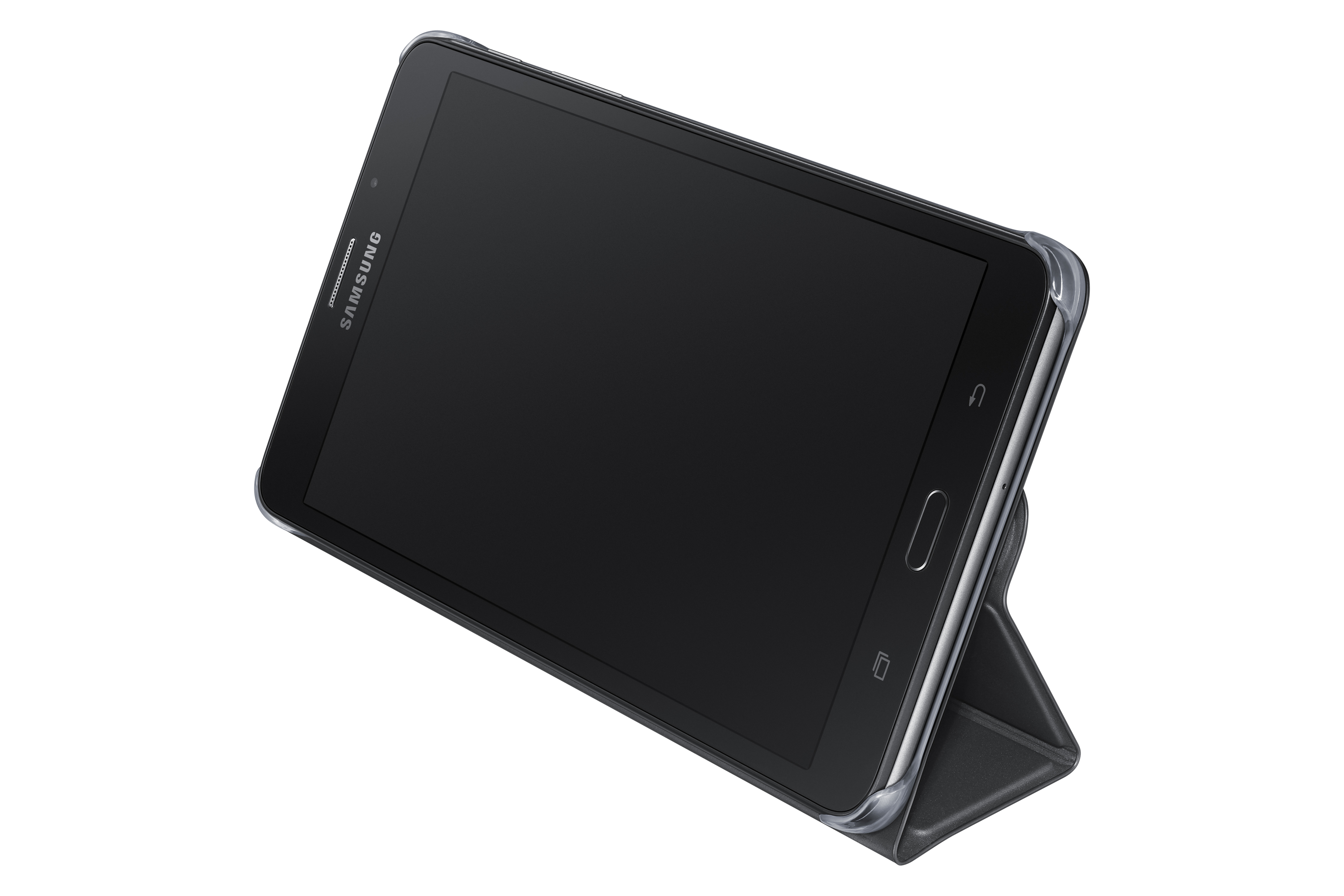 Schwarzes Tablet in einer Hülle, auf seinem Cover abgestützt. Samsung-Logo sichtbar. Weißer Hintergrund.