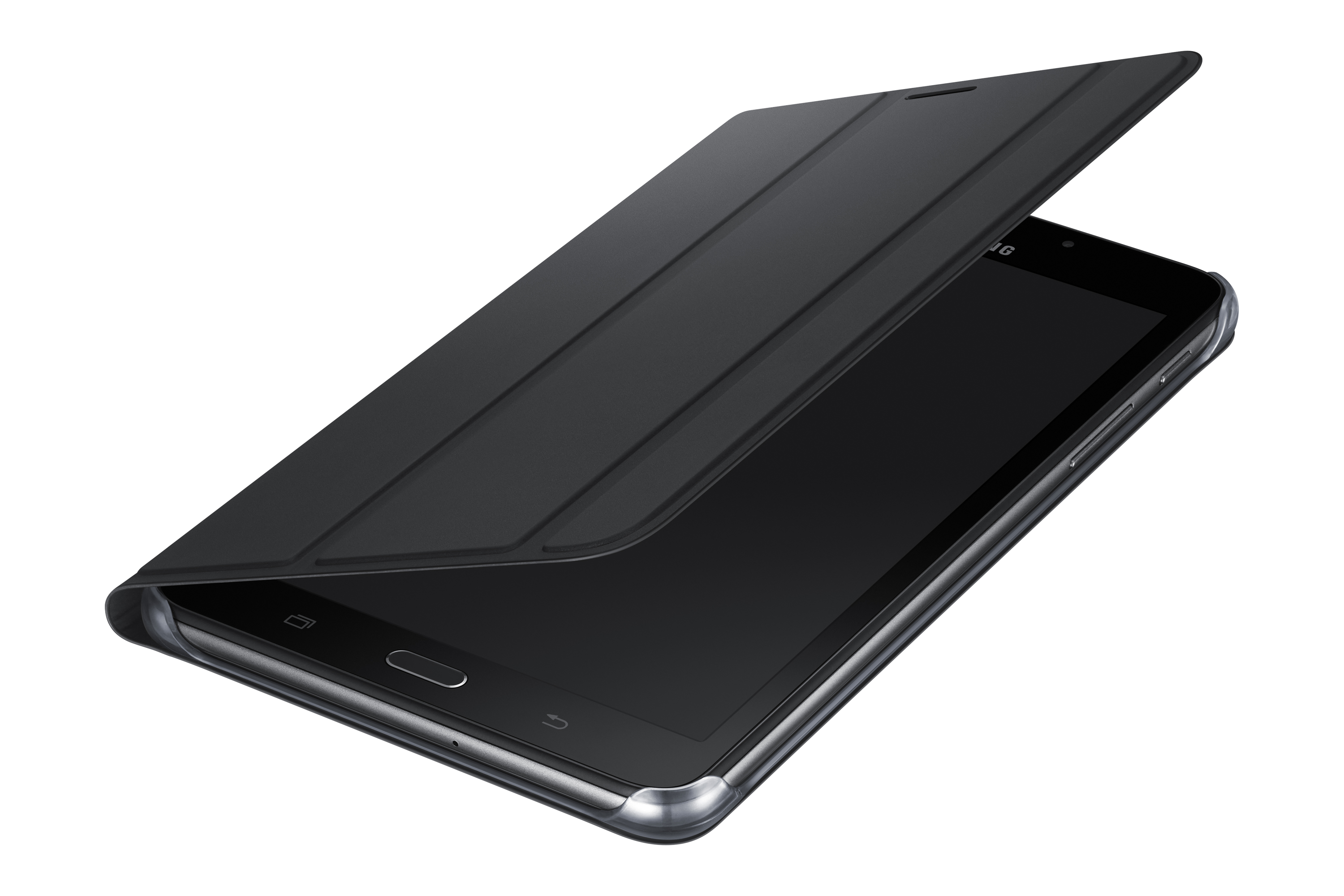Schwarzes Tablet mit teilweise geöffneter schwarzer Hülle. Der Hintergrund ist weiß.
