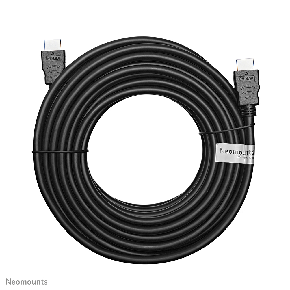 A coiled black HDMI cable with connectors on each end. A label reads 'Neomounts'.