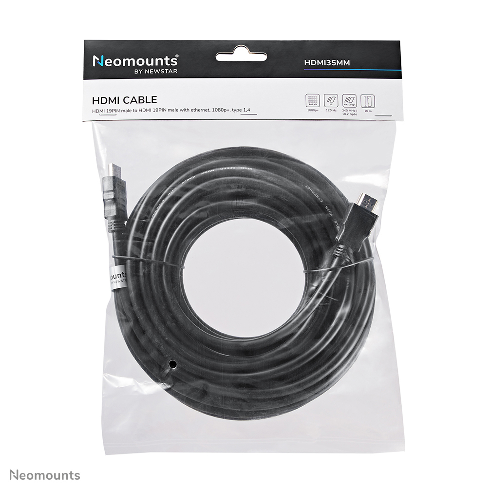 A black HDMI cable in a transparent plastic bag. The bag has a label with the brand name and cable specifications.