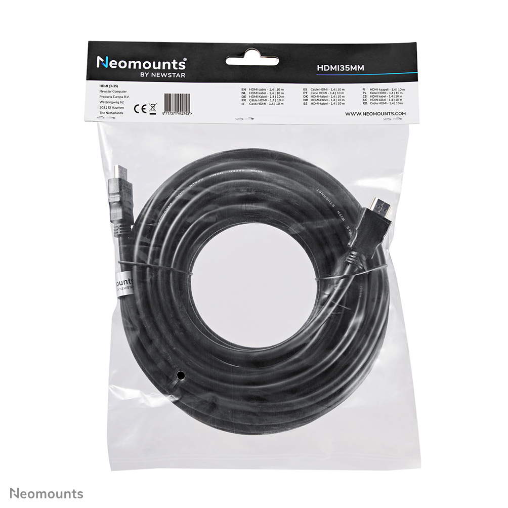 A black HDMI cable coiled inside a transparent plastic bag. The bag has a label with brand information.