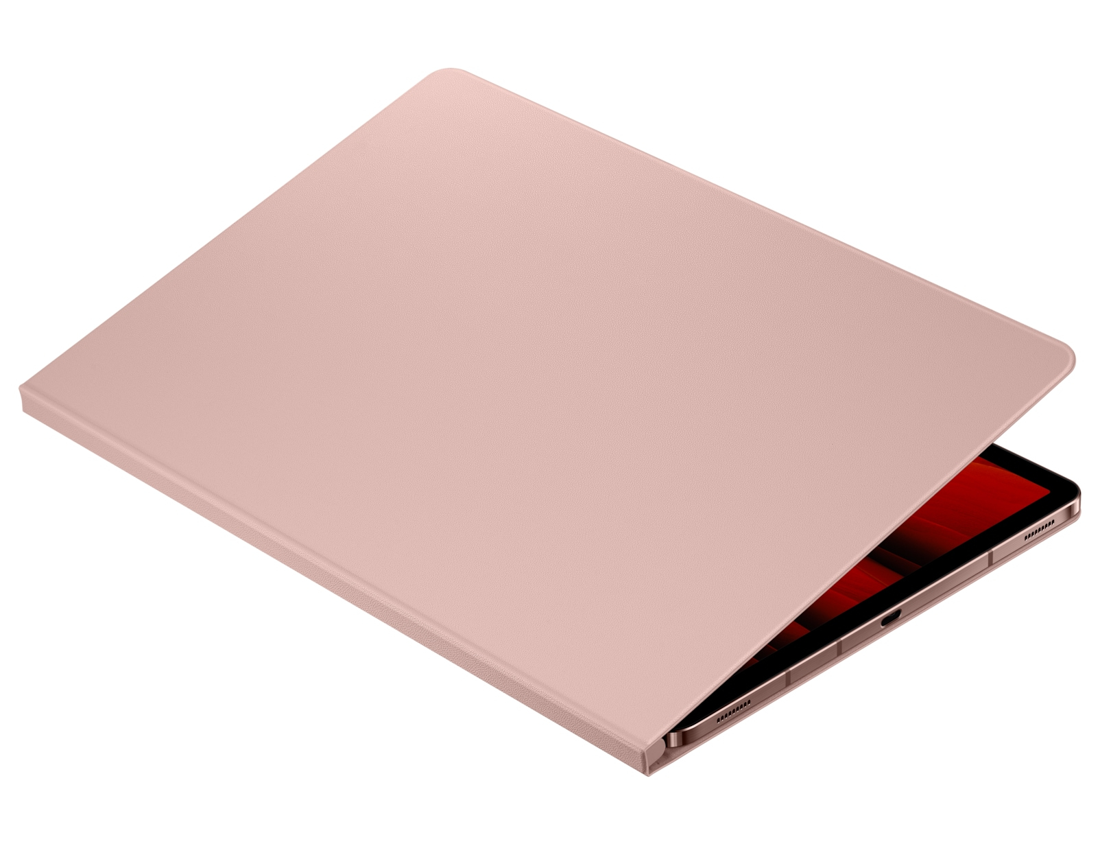 Un tablet rosa con una custodia abbinata, leggermente aperto per rivelare lo schermo. Lo schermo è di colore rosso scuro.