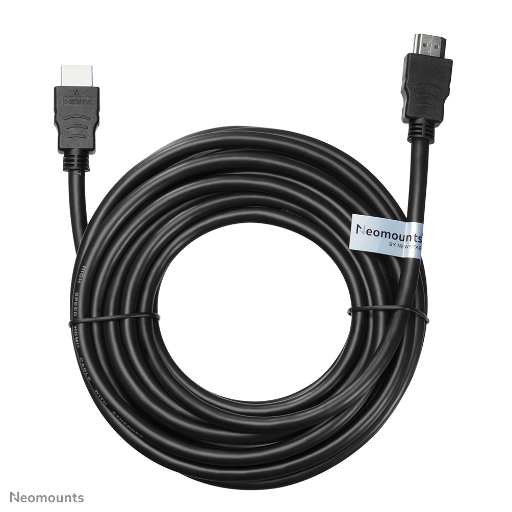 A black HDMI cable, coiled into a loop. Connectors are at each end. A label reads 'Neomounts'.