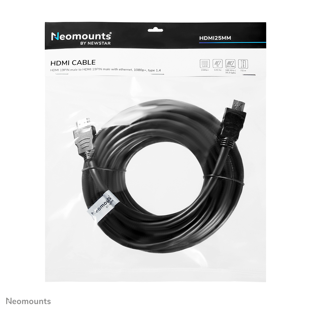 Black HDMI cable in a plastic package, labeled Neomounts. The cable is coiled, connectors visible. White background.
