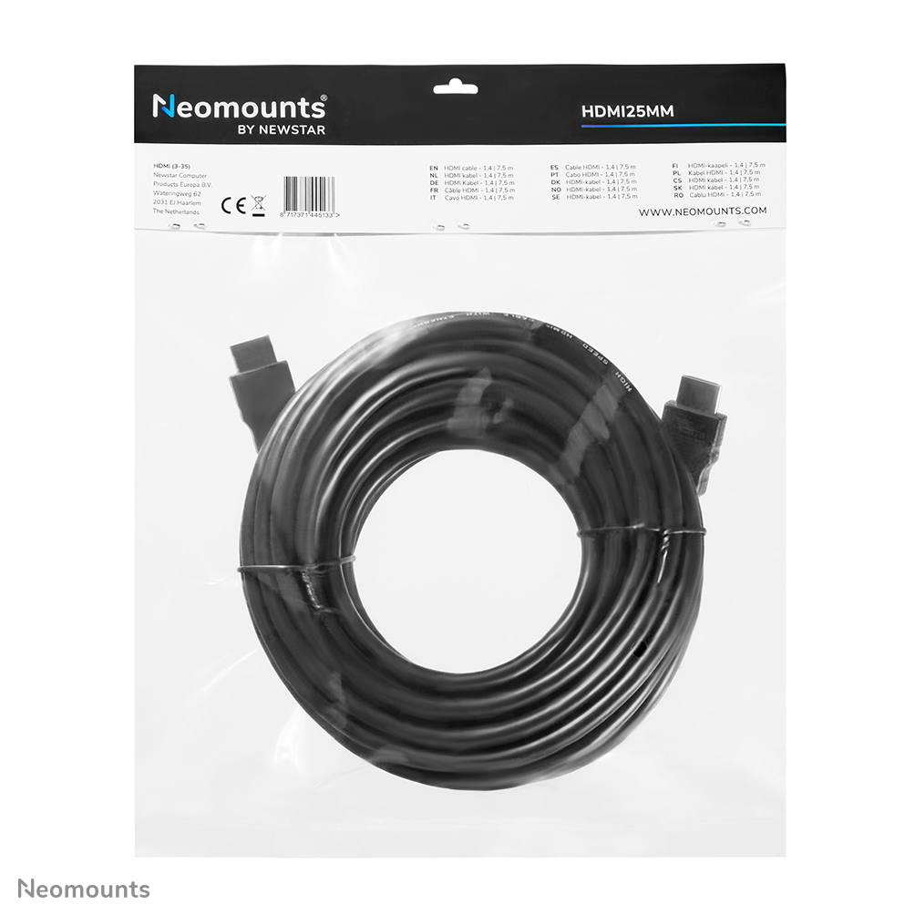 A black HDMI cable is coiled inside a transparent plastic bag. The bag has a brand logo and product information printed on it.