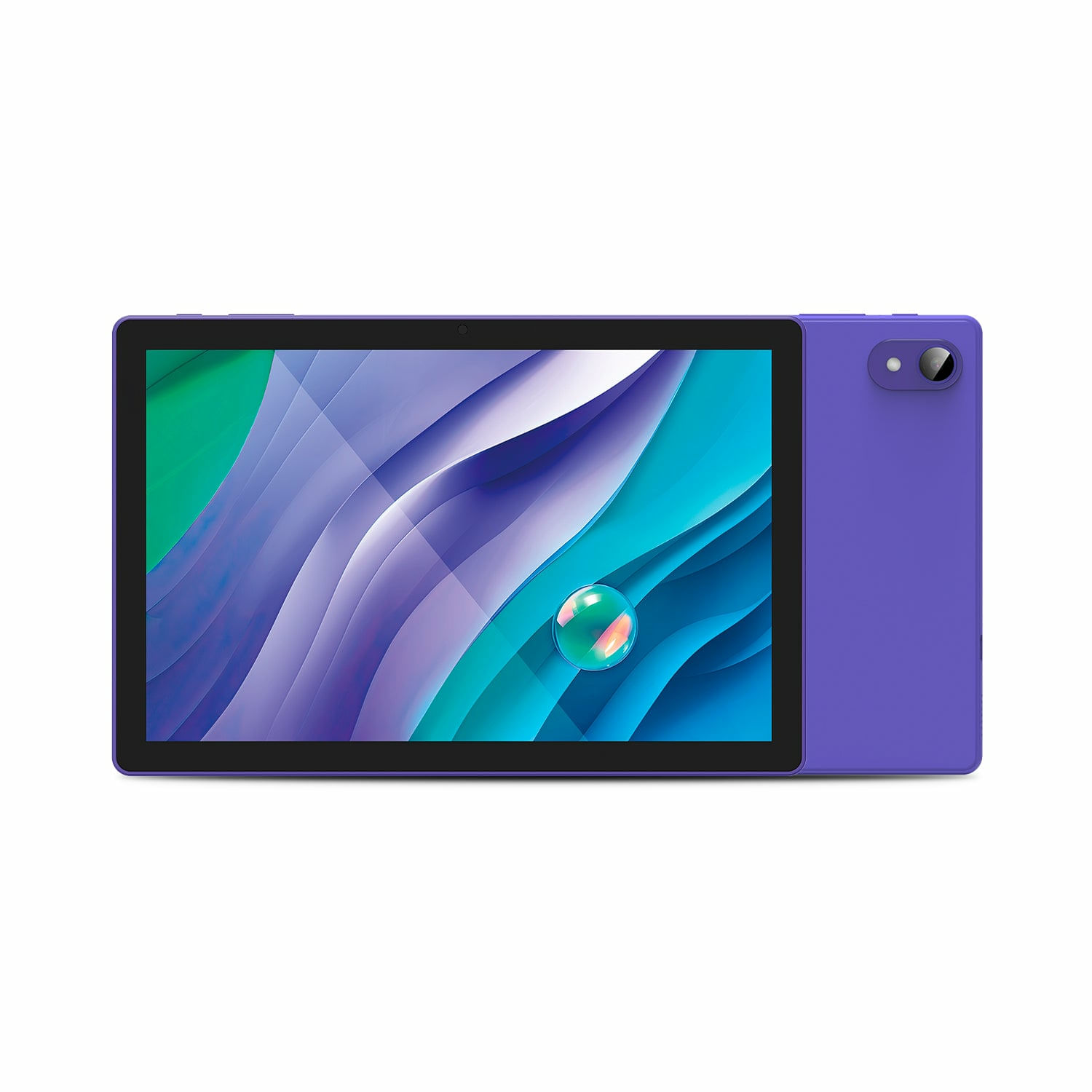 Un tablet viola con uno schermo colorato che mostra motivi astratti e una bolla. Anche il retro del tablet è viola.