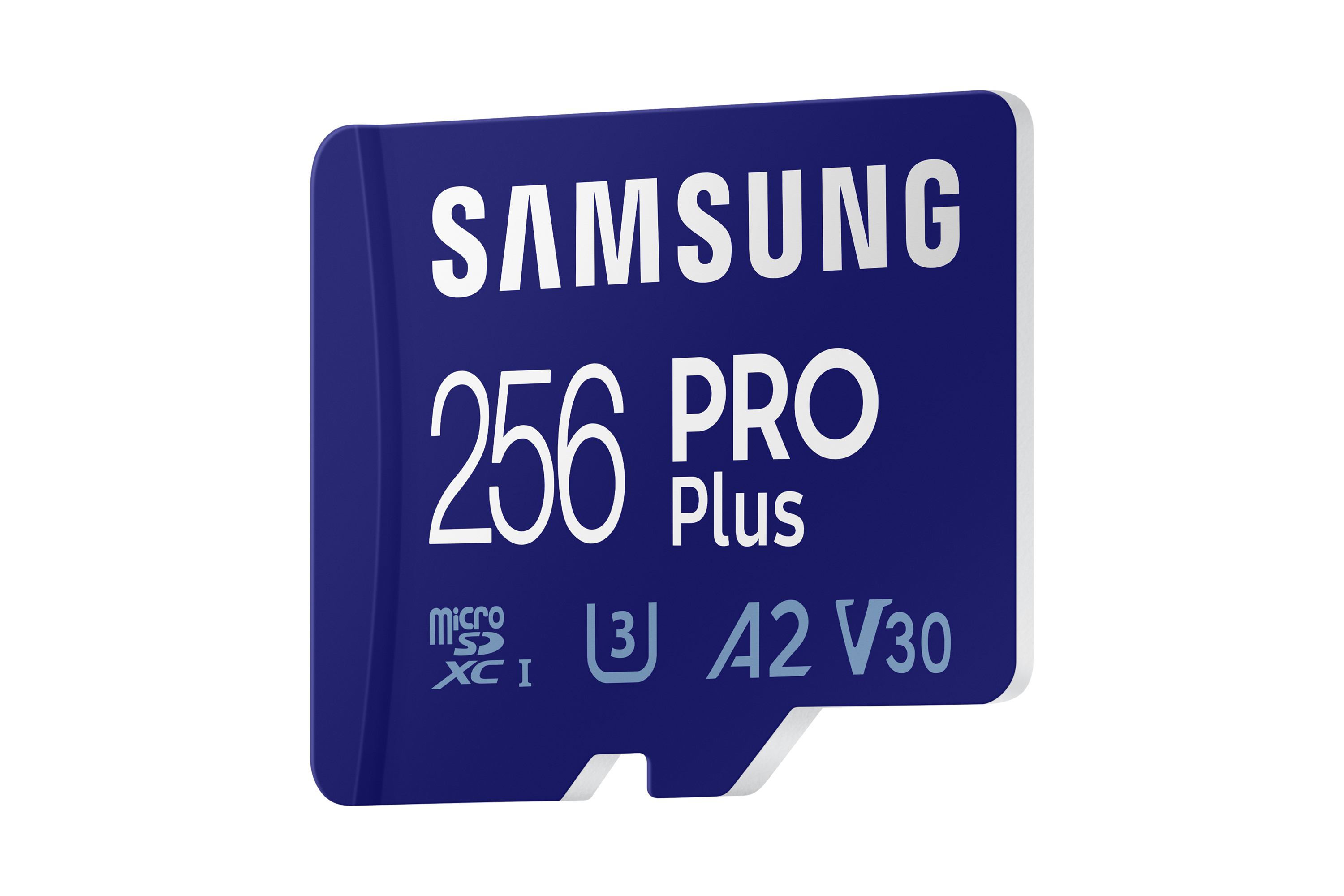 Niebieska karta microSD Samsung 256 Pro Plus. Biały tekst wskazuje specyfikacje. Na białym tle.