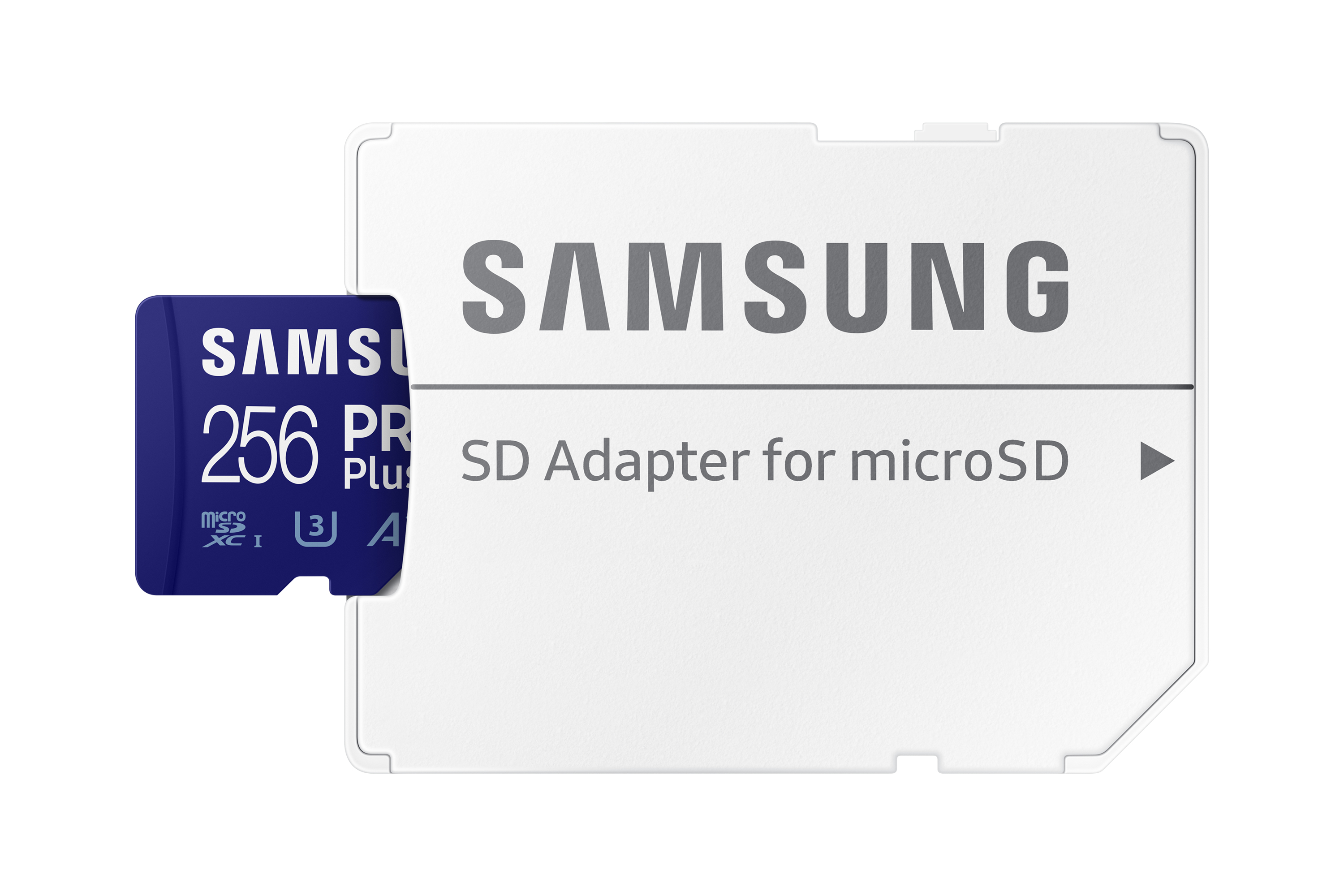 Karta microSD Samsung 256GB i jej adapter SD, białe tło. Karta jest niebieska z białym tekstem.