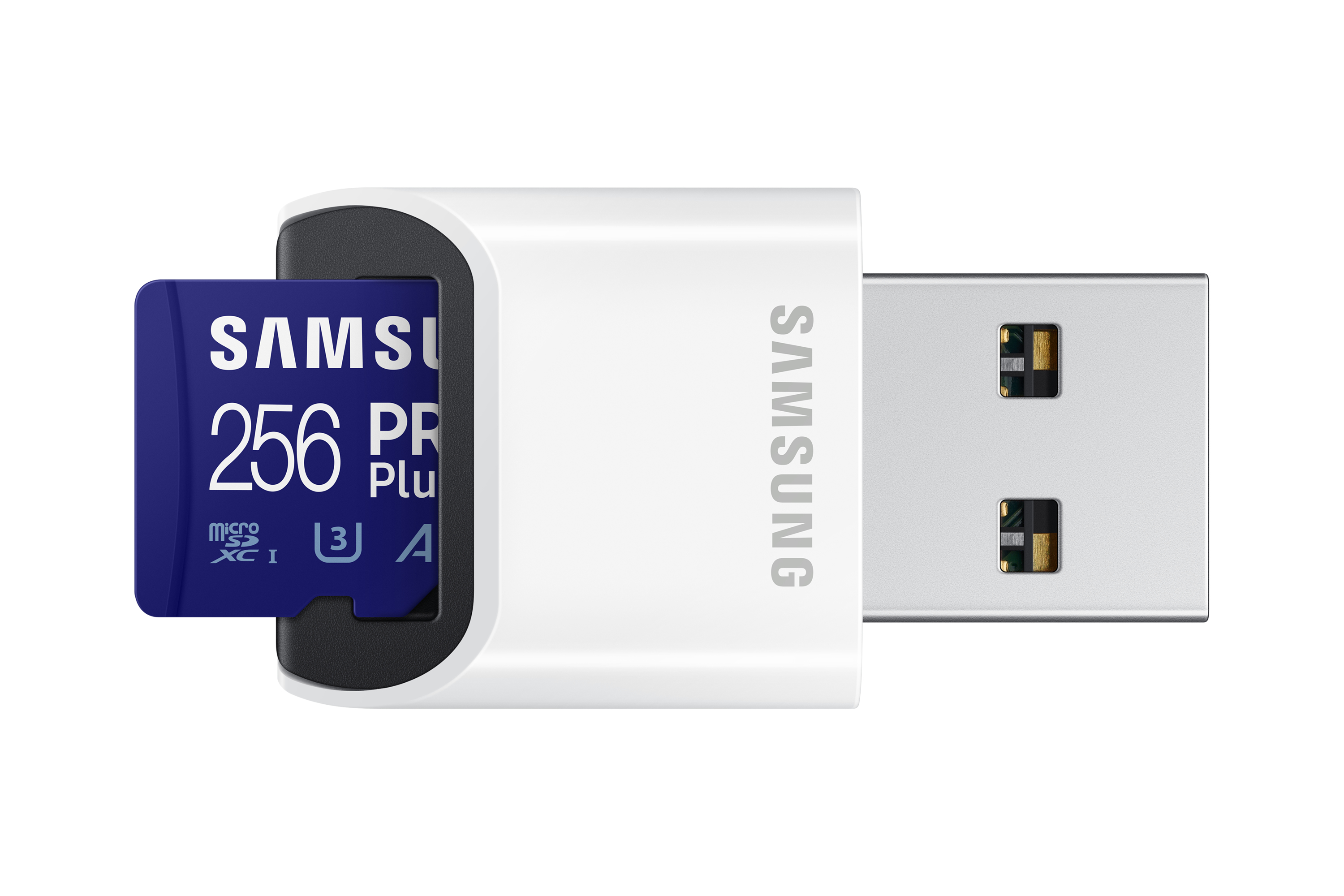 Biała przejściówka USB Samsung z niebieską kartą SD 256 GB. Przejściówka ma srebrne złącze USB.