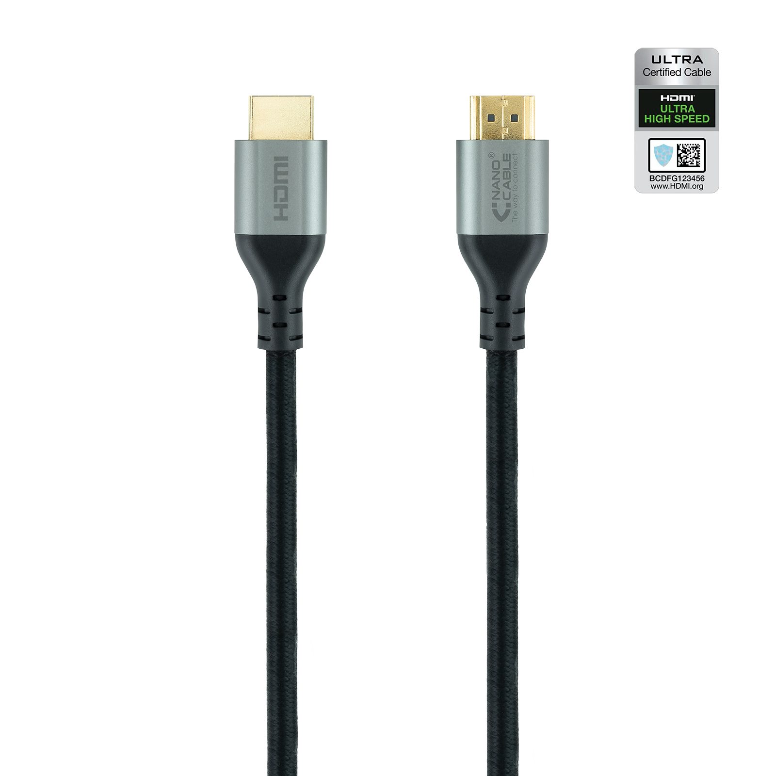 Dos cables HDMI sobre fondo blanco. Cada uno tiene conectores dorados y cable negro. Texto: Ultra Certified Cable, HDMI, Nano Cable.