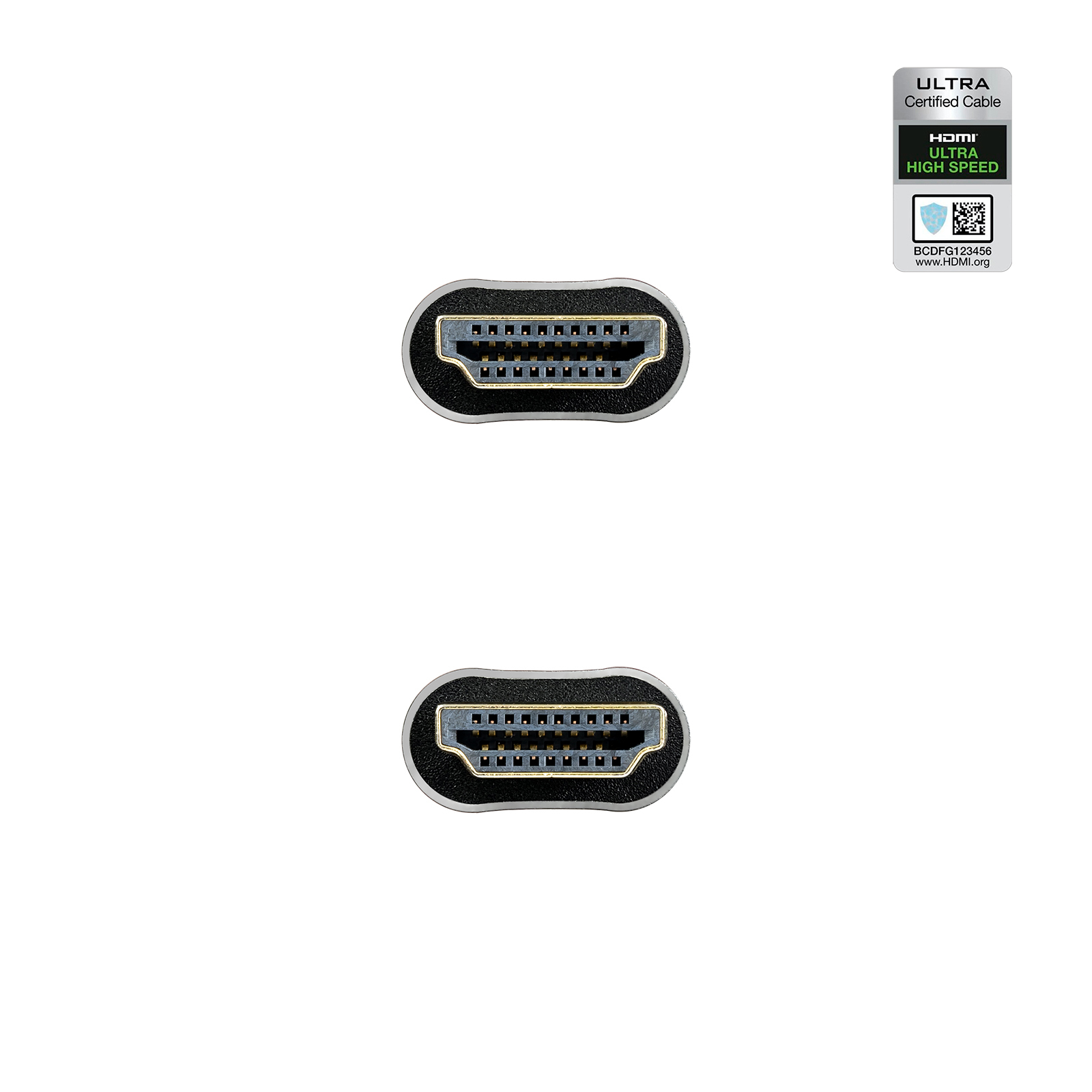 Dos conectores HDMI, superior e inferior, con carcasa negra y gris. Logotipo y certificación HDMI Ultra High Speed.