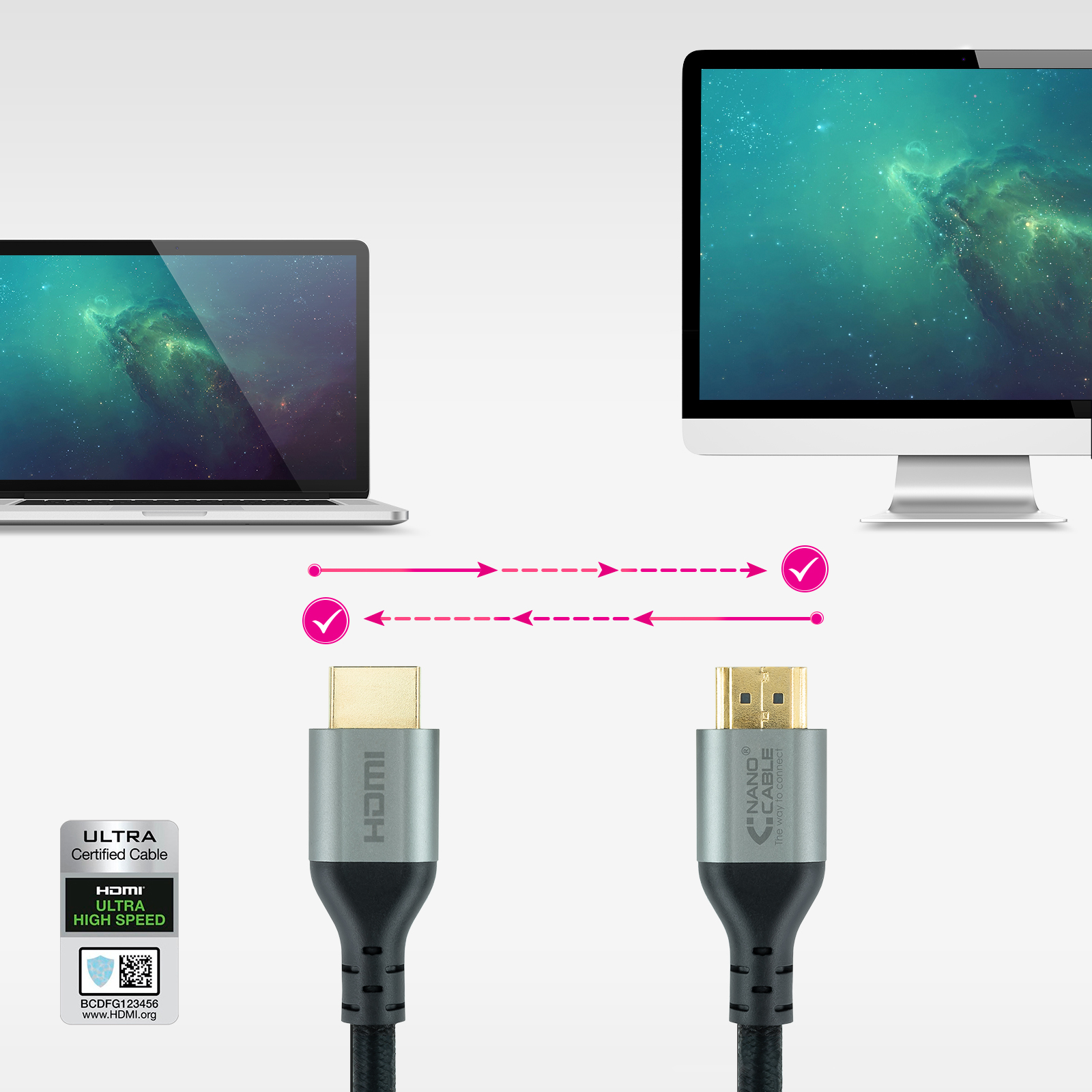 Un cable HDMI conecta una laptop y un monitor. Marcas de verificación indican la conexión. Los enchufes son grises y dorados.