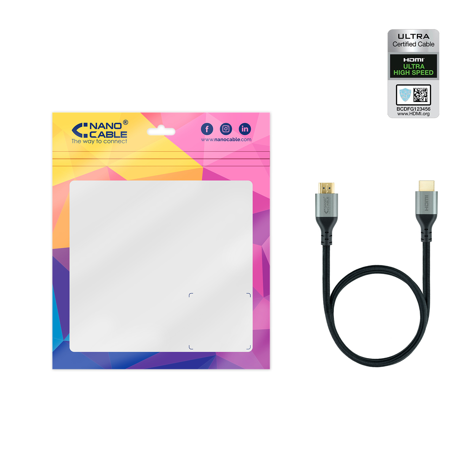 Un cable HDMI y embalaje. El cable es negro con conectores plateados. El embalaje presenta la marca Nano Cable.
