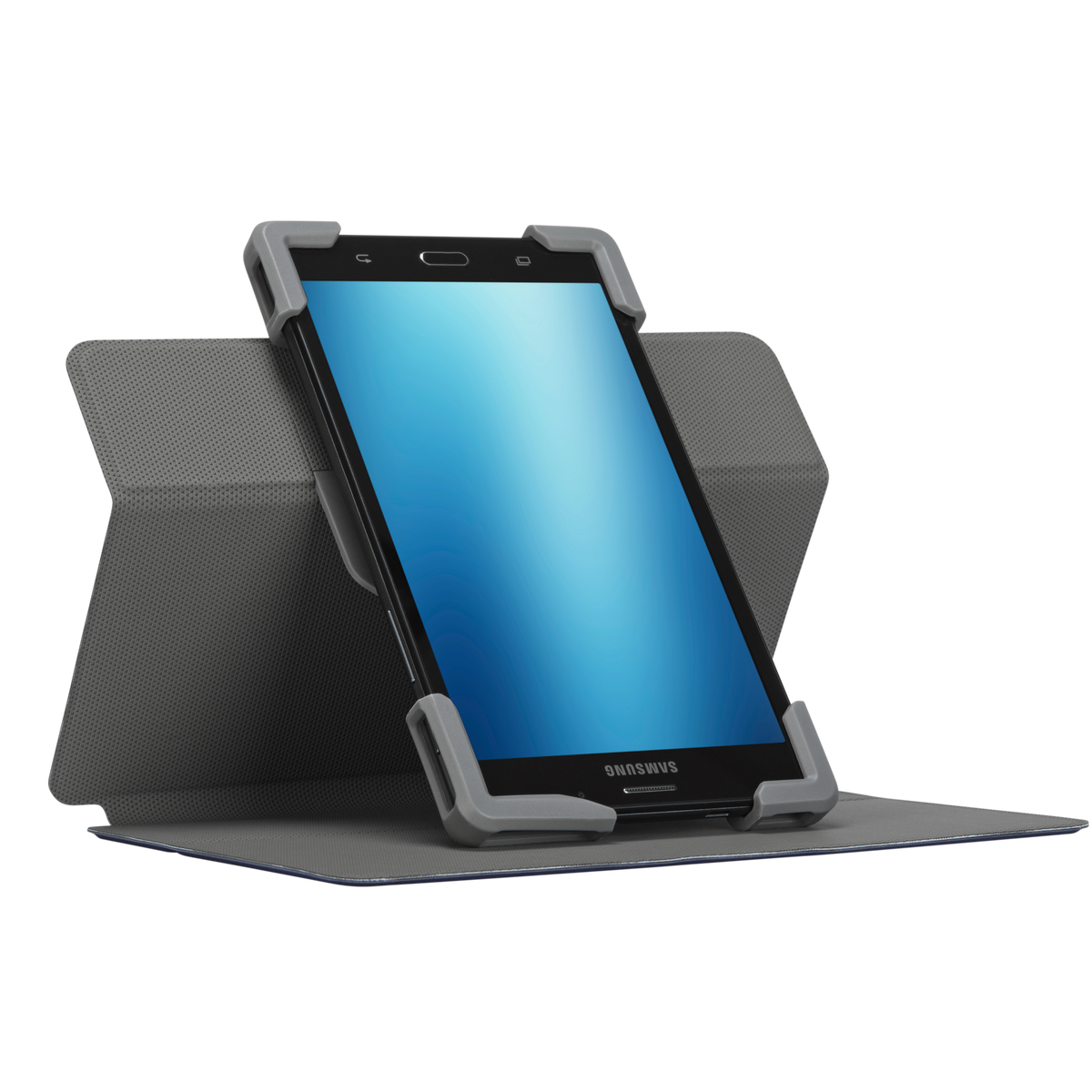 Un tablet Samsung in una custodia grigia è appoggiato. Lo schermo è blu. La custodia è piegata per sostenere il tablet.