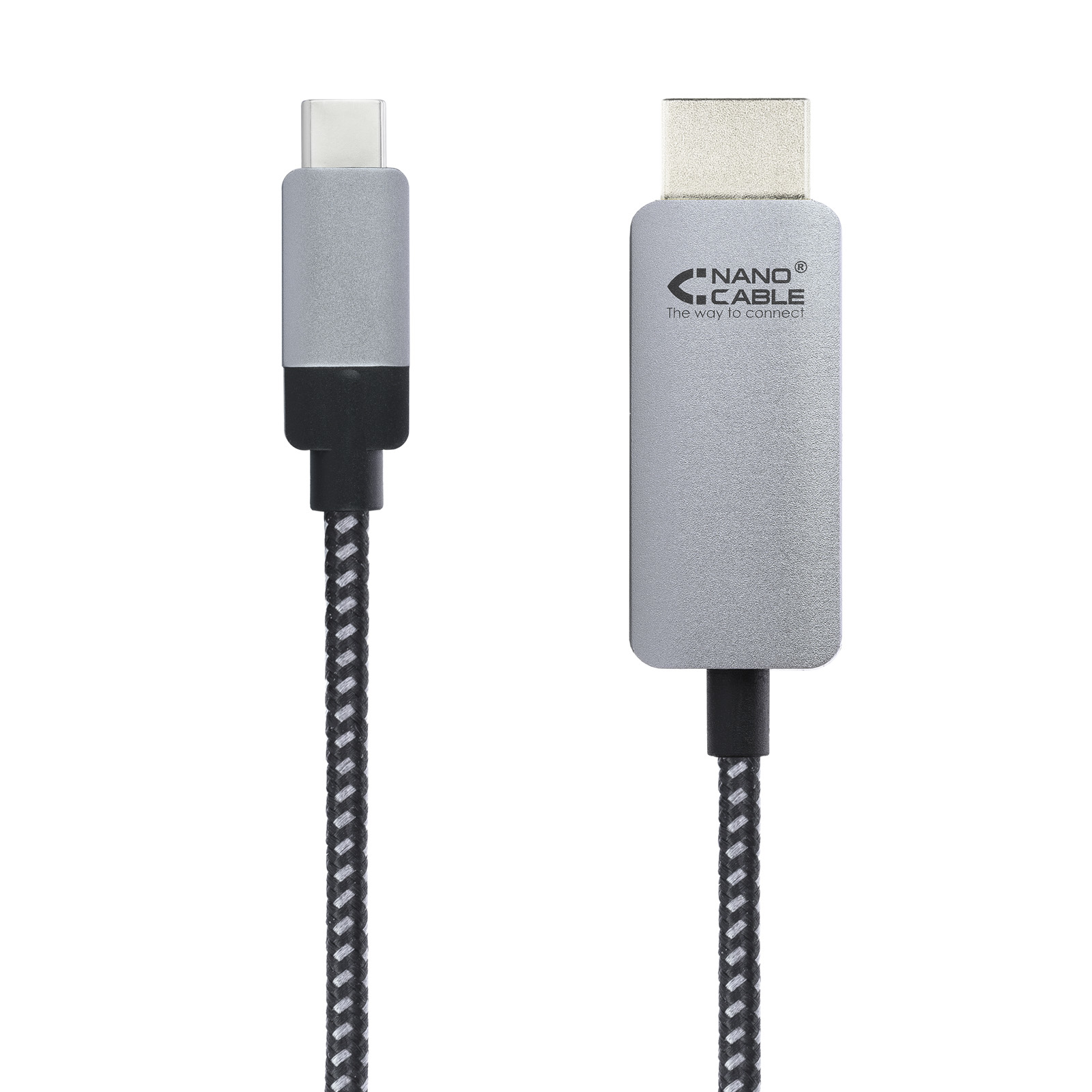 Dwa srebrne kable USB-C, jeden z marką Nano Cable, czarno-białe plecione przewody, na białym tle.